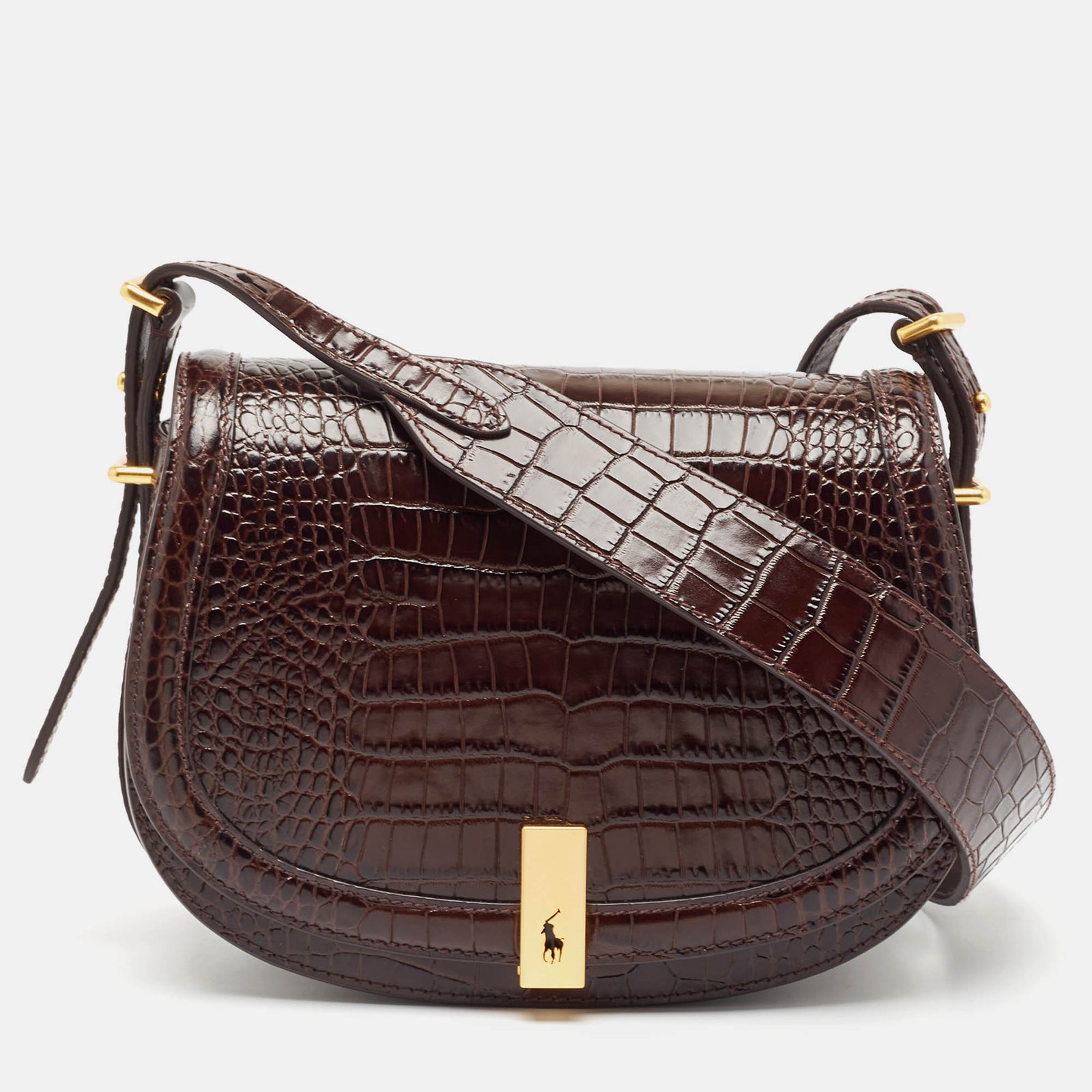 Polo Ralph Lauren Brown Croc Embossed Leather Saddle Crossbody Bag