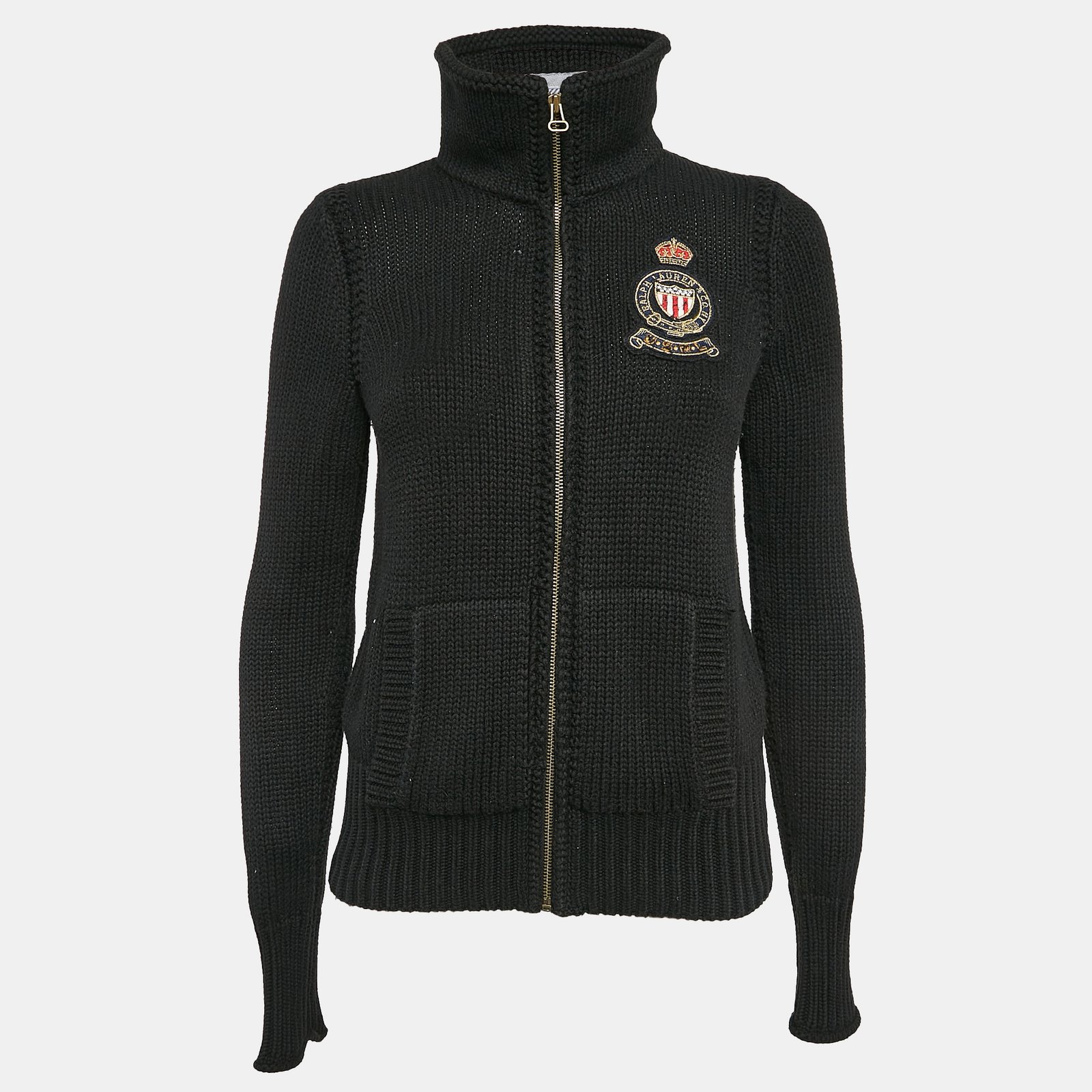 Polo Ralph Lauren Black Cotton Logo Applique Zip-Up Cardigan S