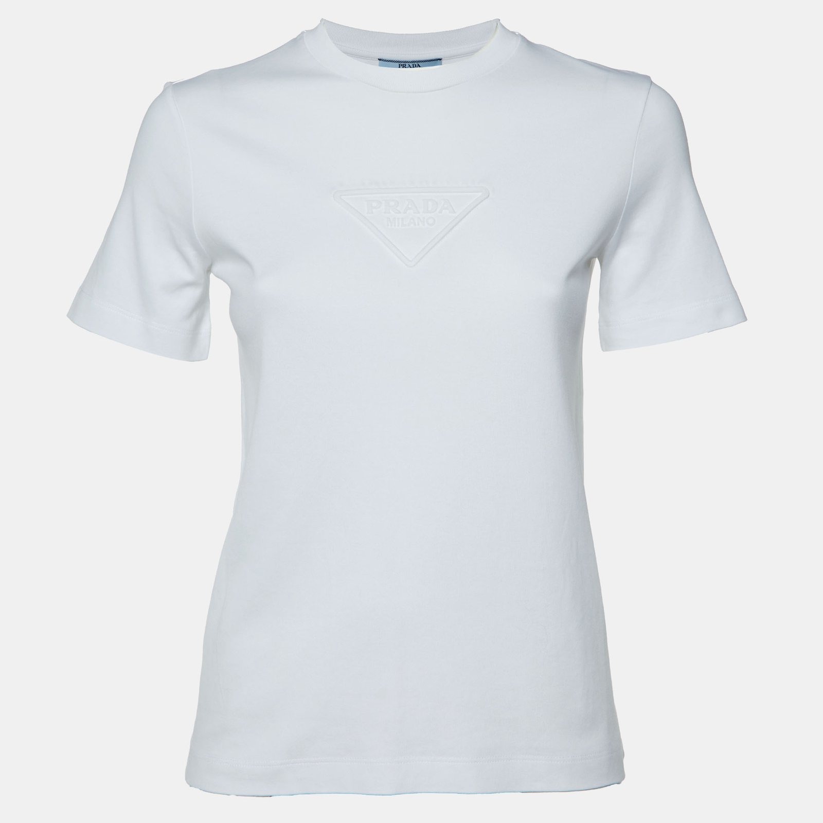Prada White Logo Embossed Cotton T-Shirt XXS