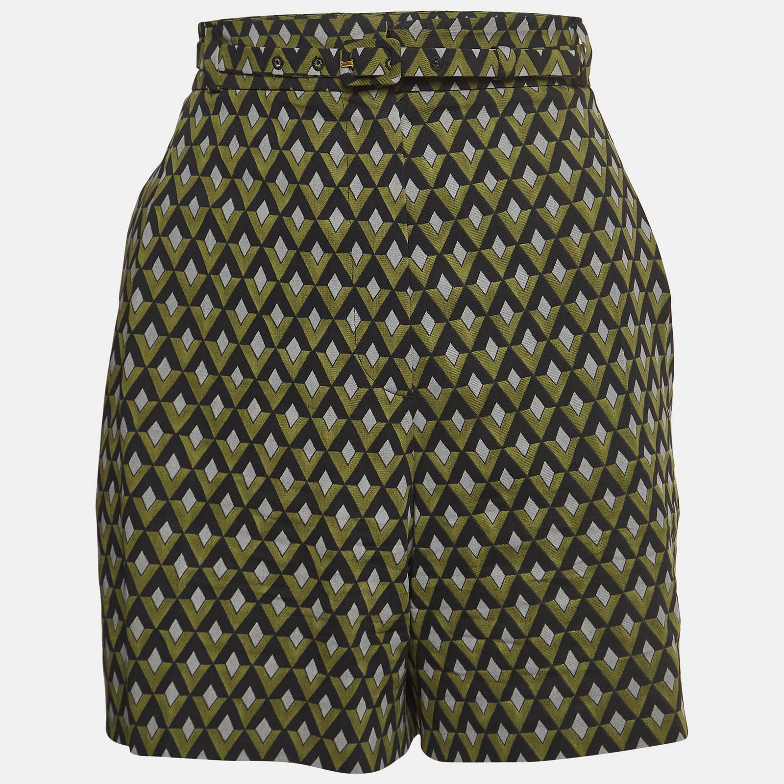 Prada Green Geometric Print Virgin Wool Belted Shorts M