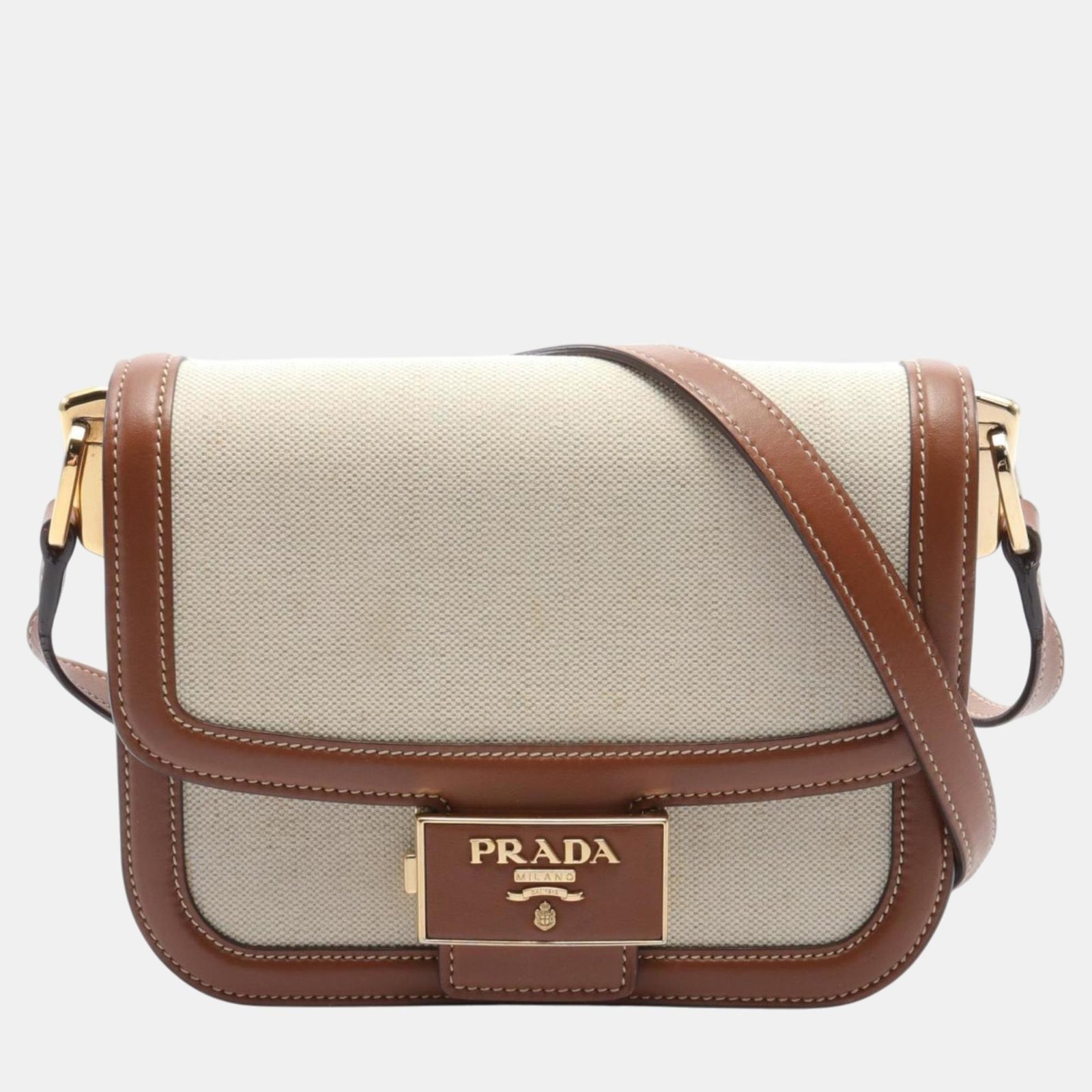 Prada Canvas Leather Beige Brown Shoulder Bag