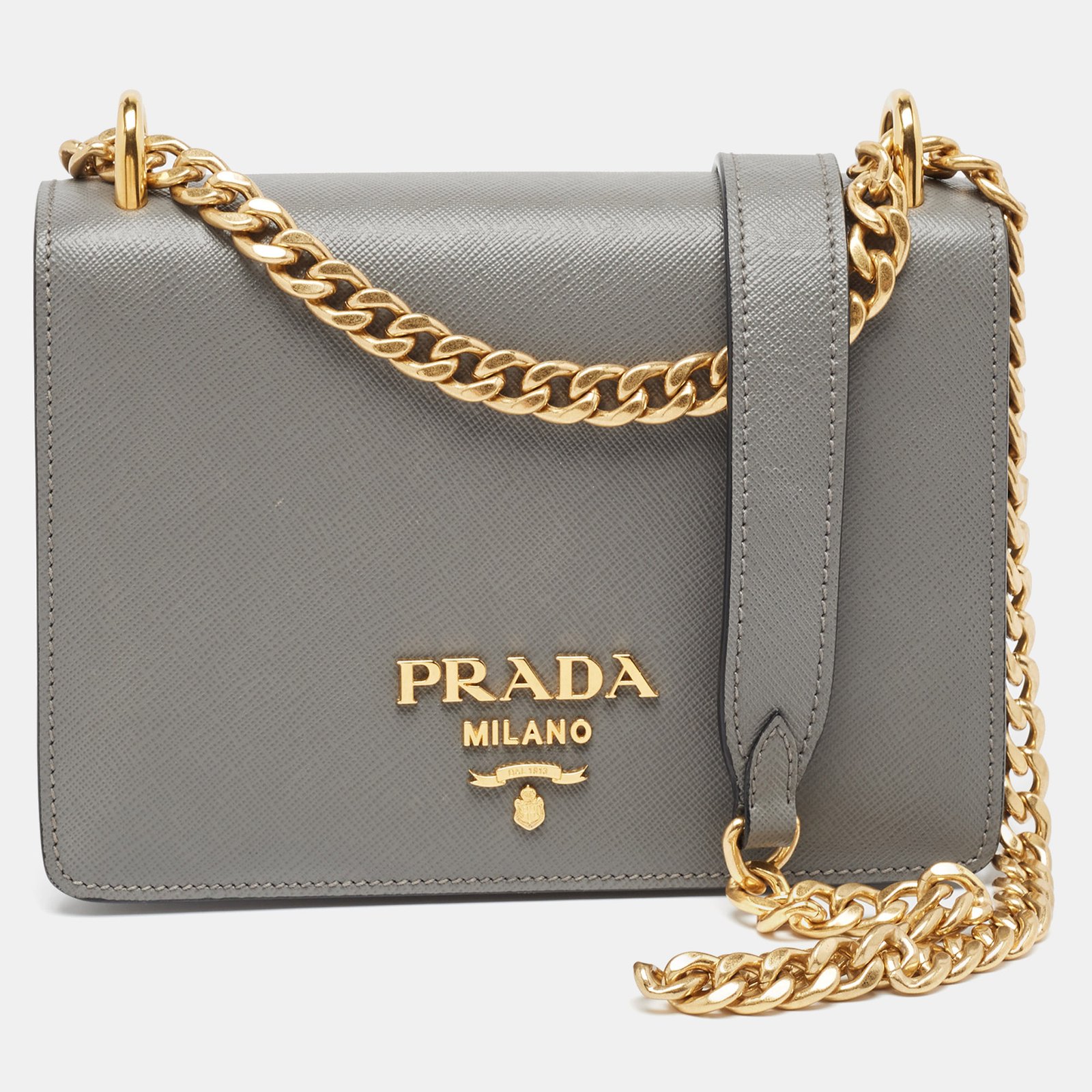 Prada Grey Saffiano Leather Logo Flap Crossbody Bag
