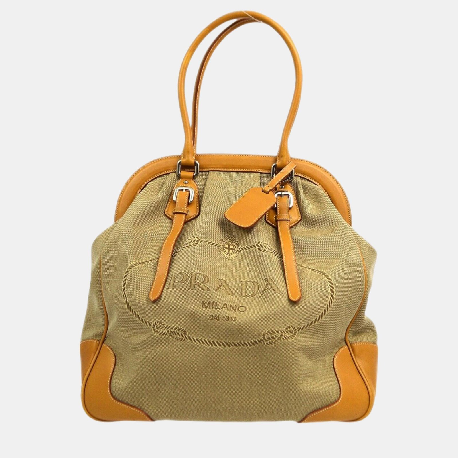 Prada Beige Canvas Logo Jacquard Tote Handbag