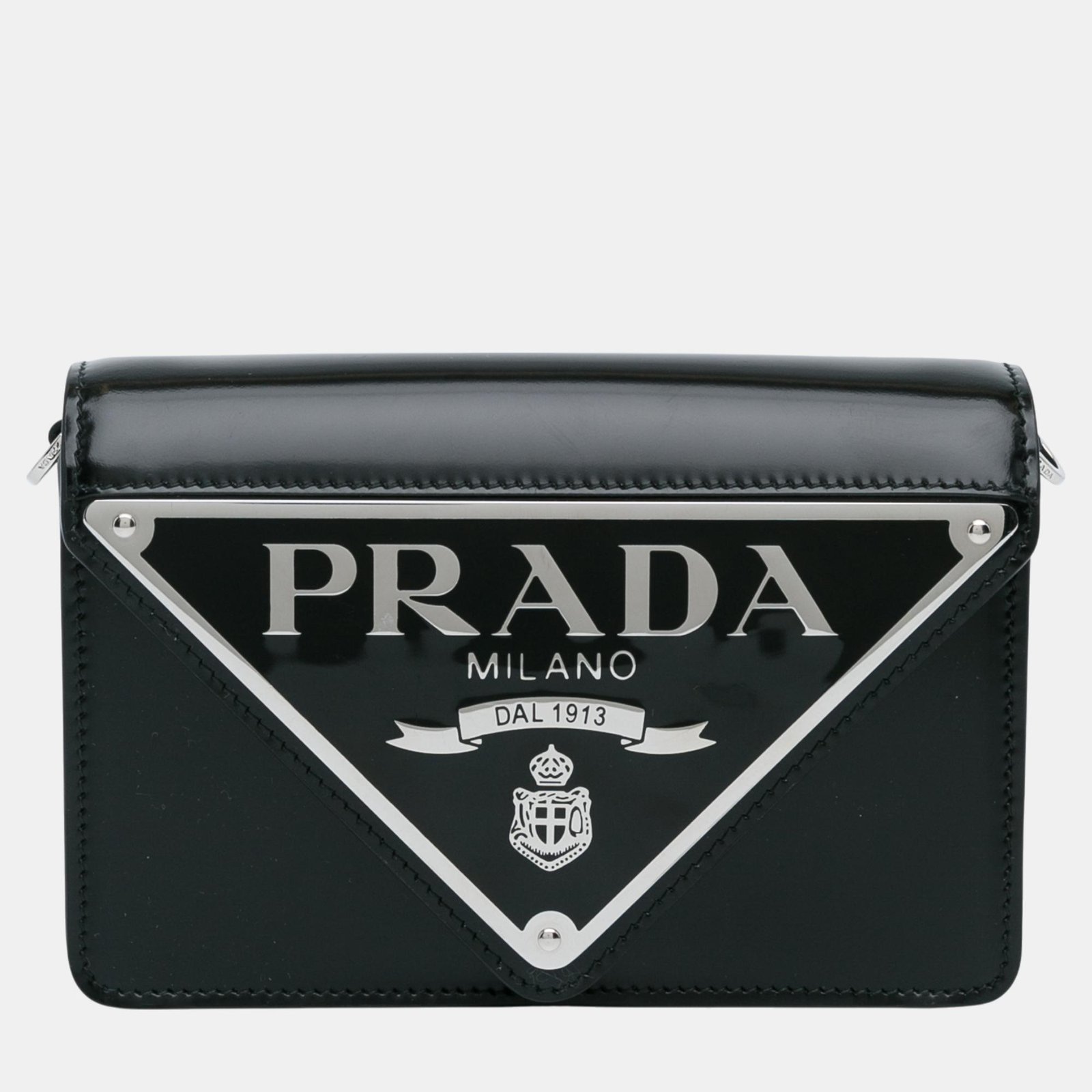 Prada Black Spazzolato Triangle Logo Plate Flap Chain Crossbody