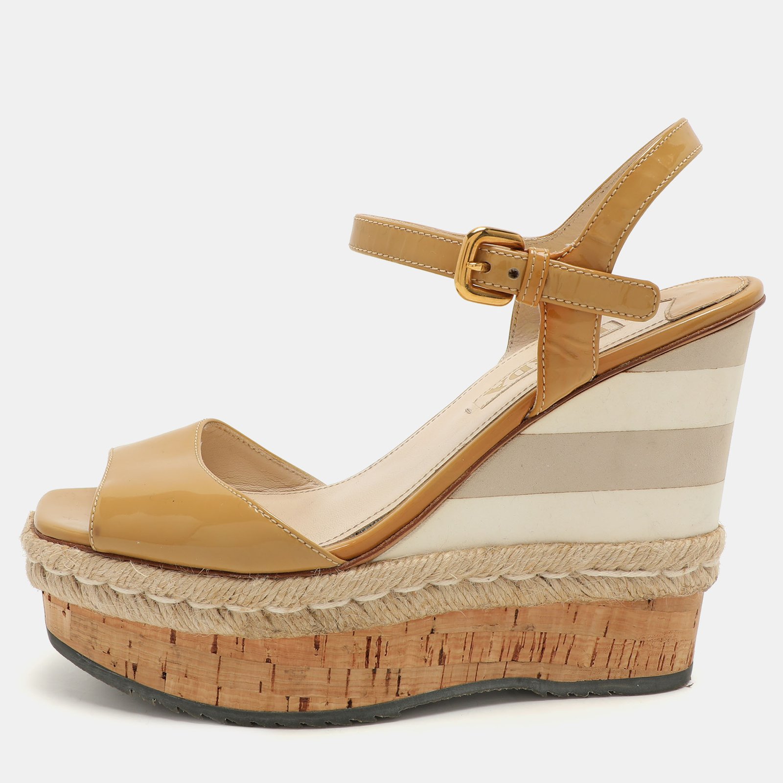 Prada Beige Patent Leather Wedge Espadrille Sandals Size 39.5