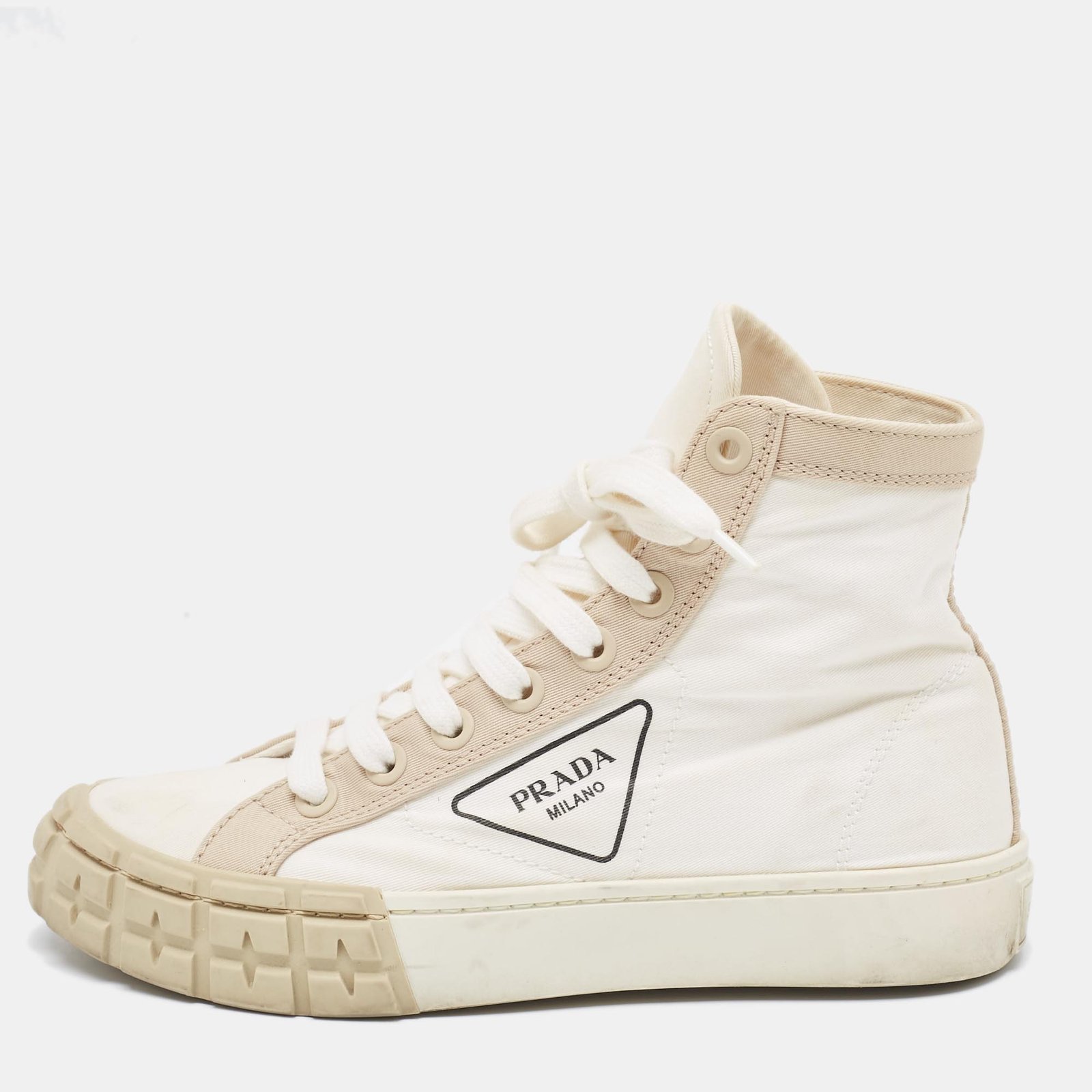 Prada Cream/White Canvas Gabardine High Top Sneakers Size 37.5
