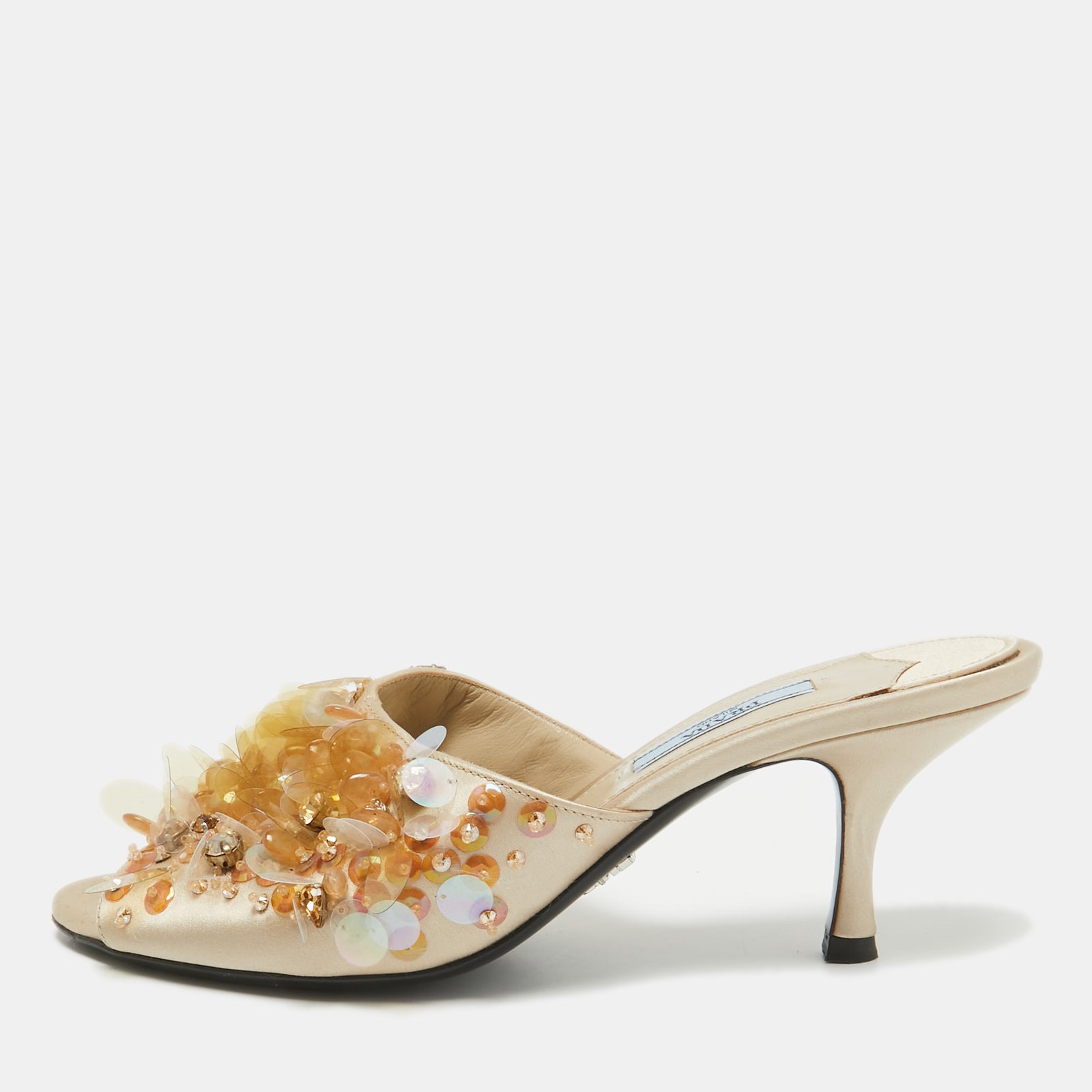 Prada Gold Satin Embellished Slide Sandals Size 38