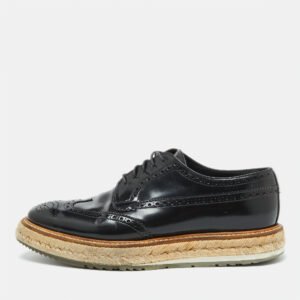 Prada Black Leather Brogue Wingtip Espadrille Platform Derby Size 38.5