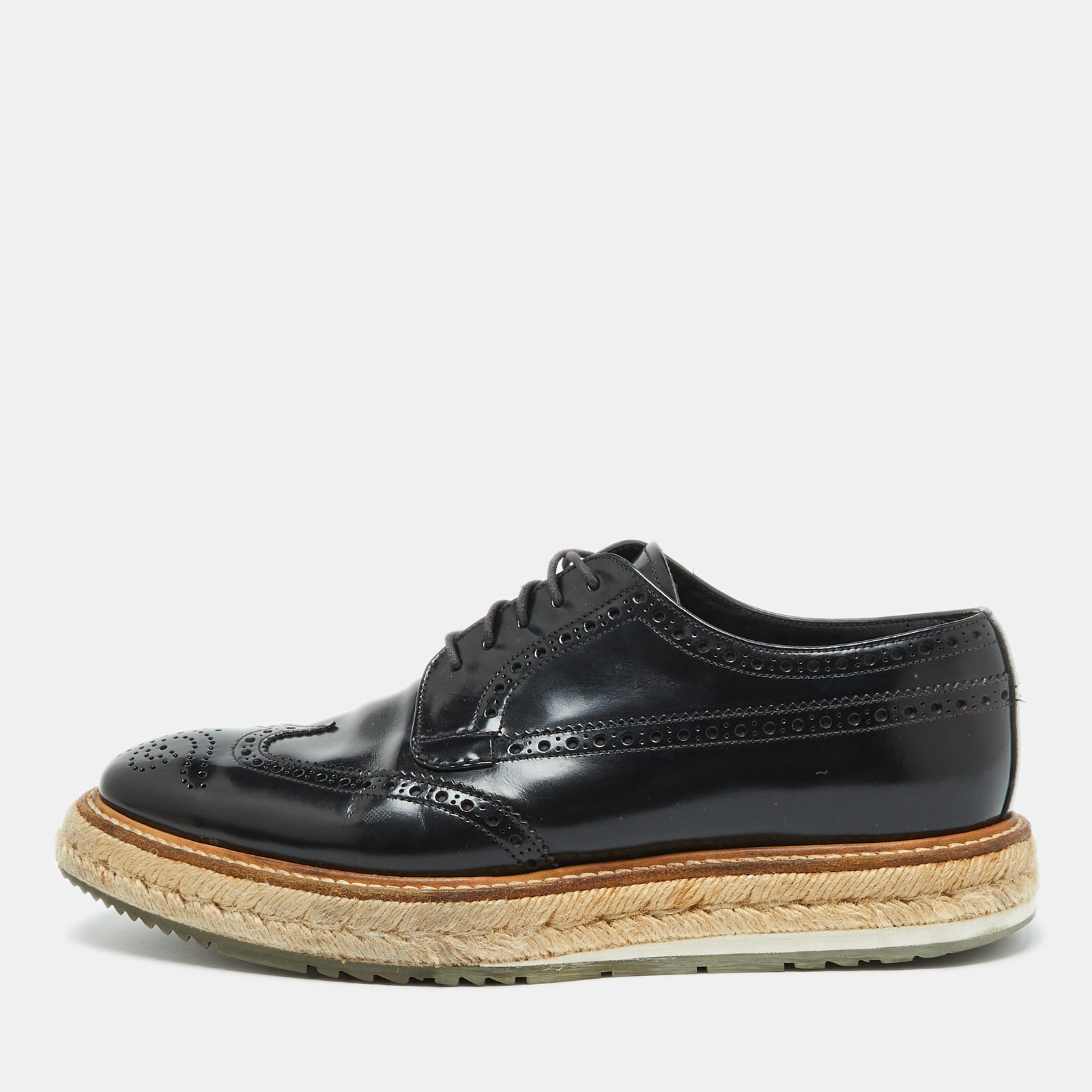 Prada Black Leather Brogue Wingtip Espadrille Platform Derby Size 38.5