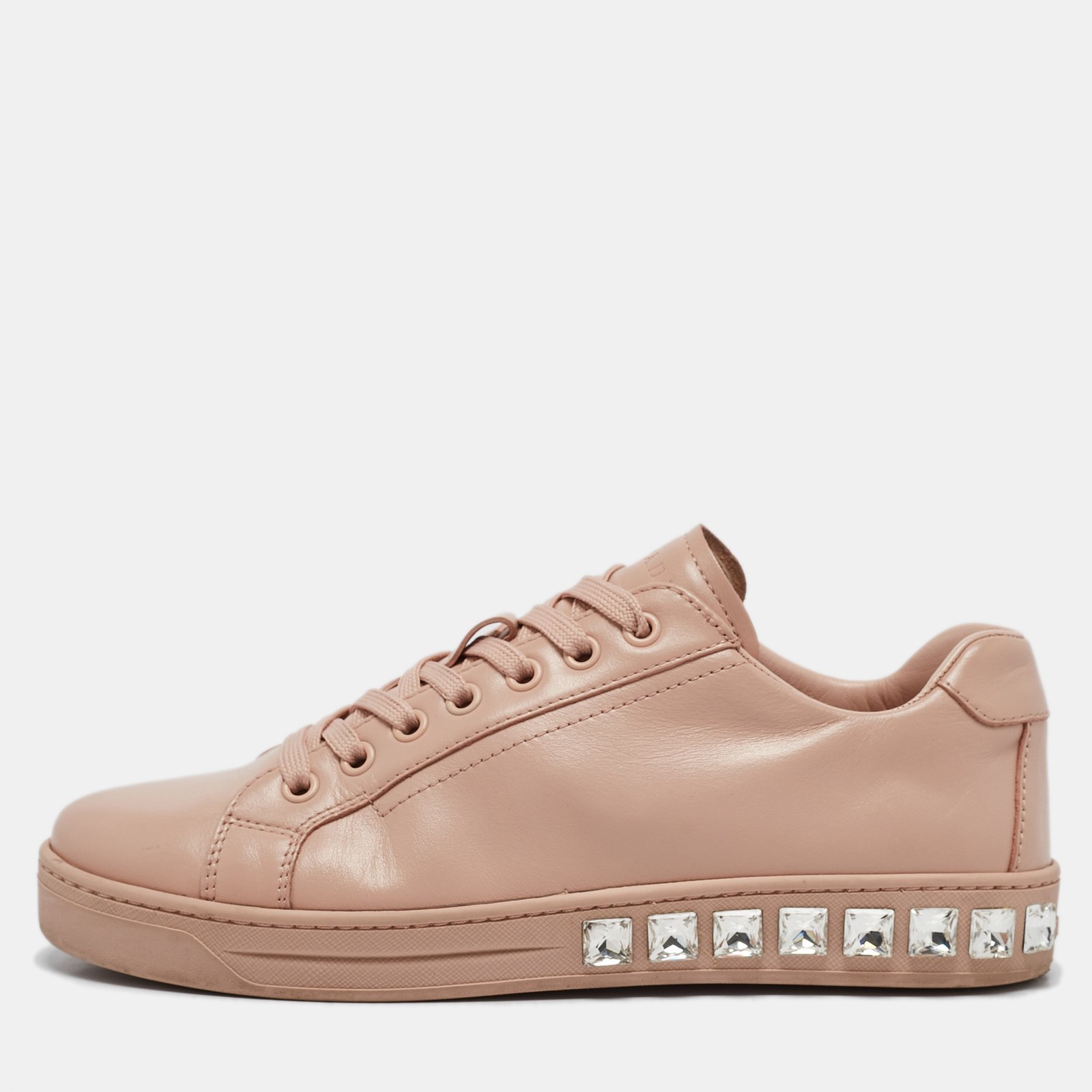 Prada Pink Leather Crystal Embellished Low Top Sneakers Size 37