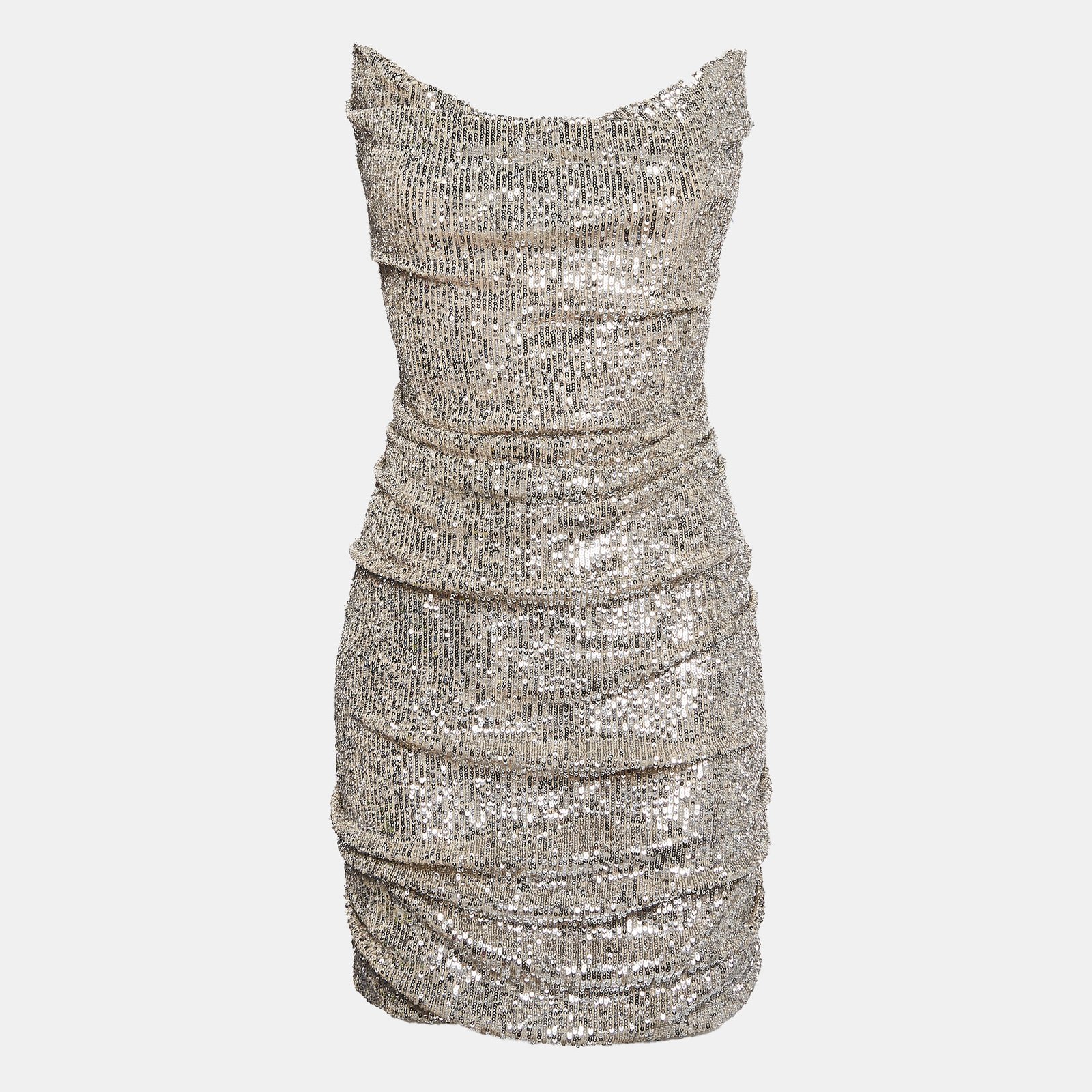Reem Acra Silver Sequin Ruche Strapless Mini Dress L