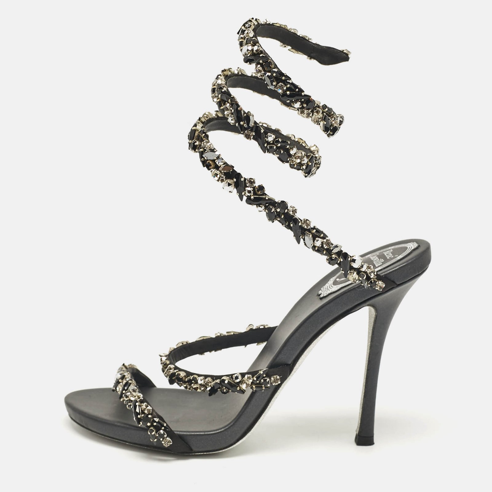 René Caovilla Black Satin Crystal Embellished Cleo Sandals Size 38.5