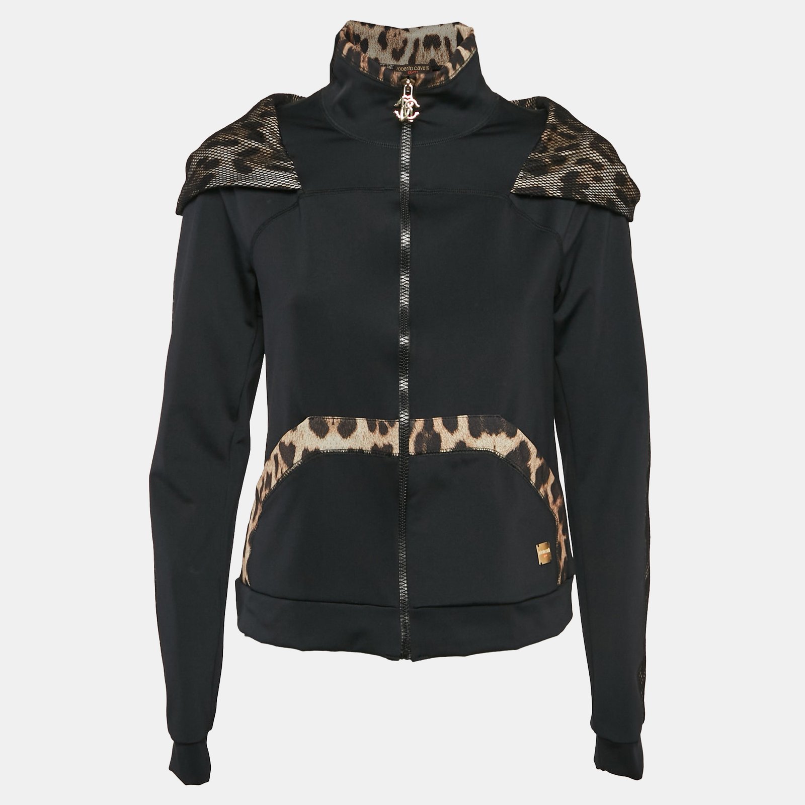 Roberto Cavalli Gym Black Jersey Animal Print Trim Hooded Jacket M