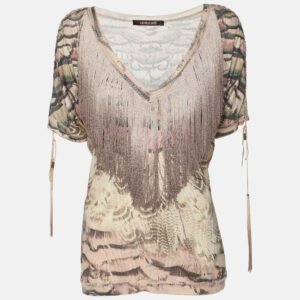 Roberto Cavalli Multicolor Printed Silk Fringed Neckline V-Neck Top XL