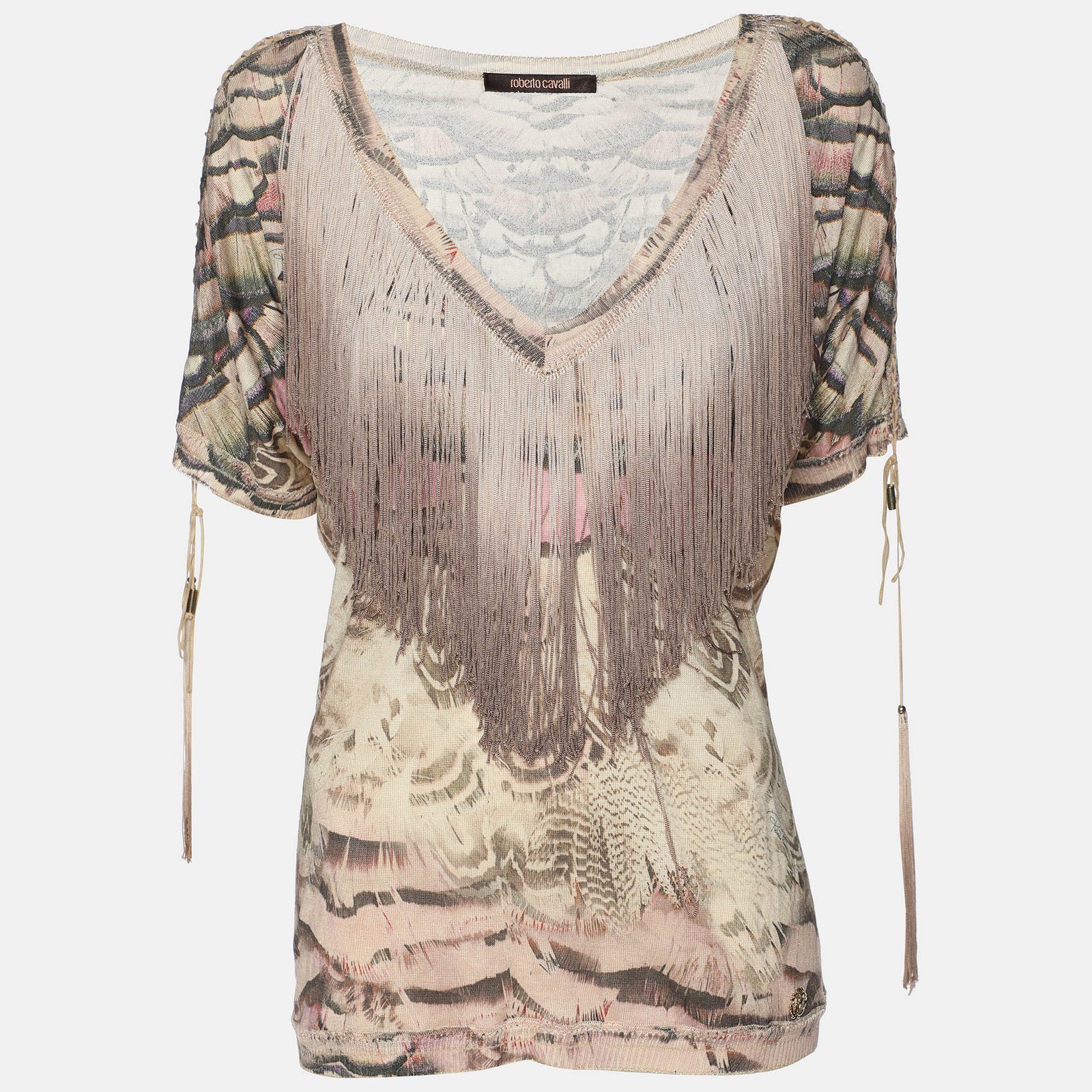 Roberto Cavalli Multicolor Printed Silk Fringed Neckline V-Neck Top XL