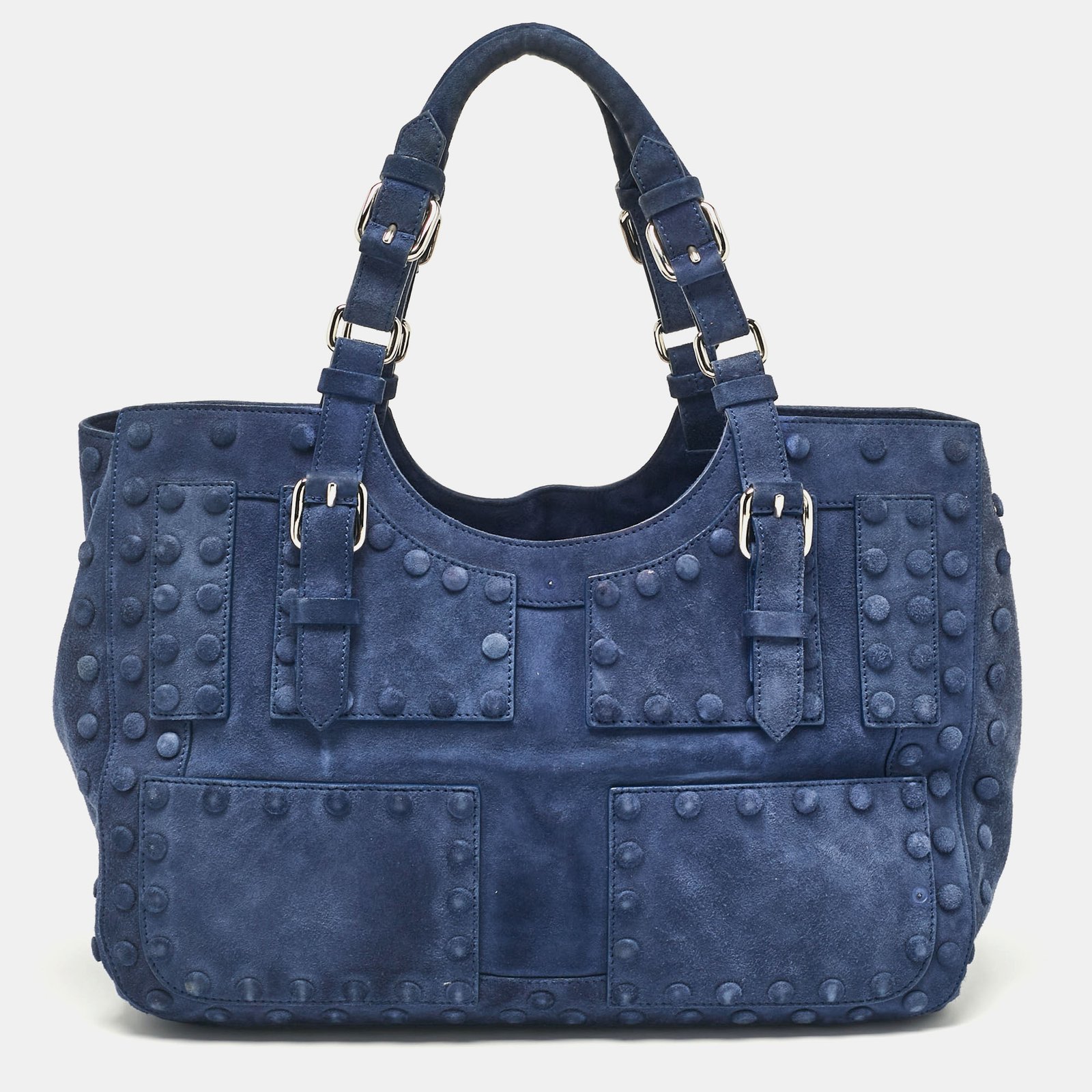 Roberto Cavalli Blue Suede Pebble Studded Tote