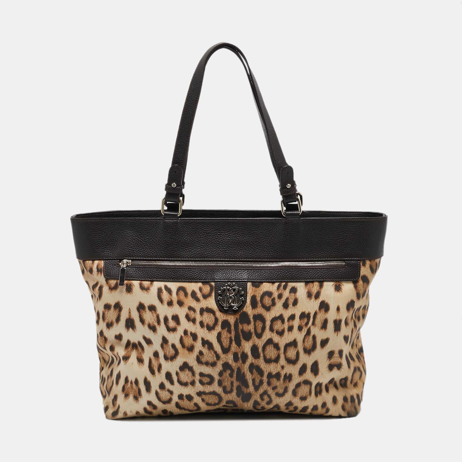 Roberto Cavalli Brown/Beige Leopard Print Fabric and Leather Front Zip Tote