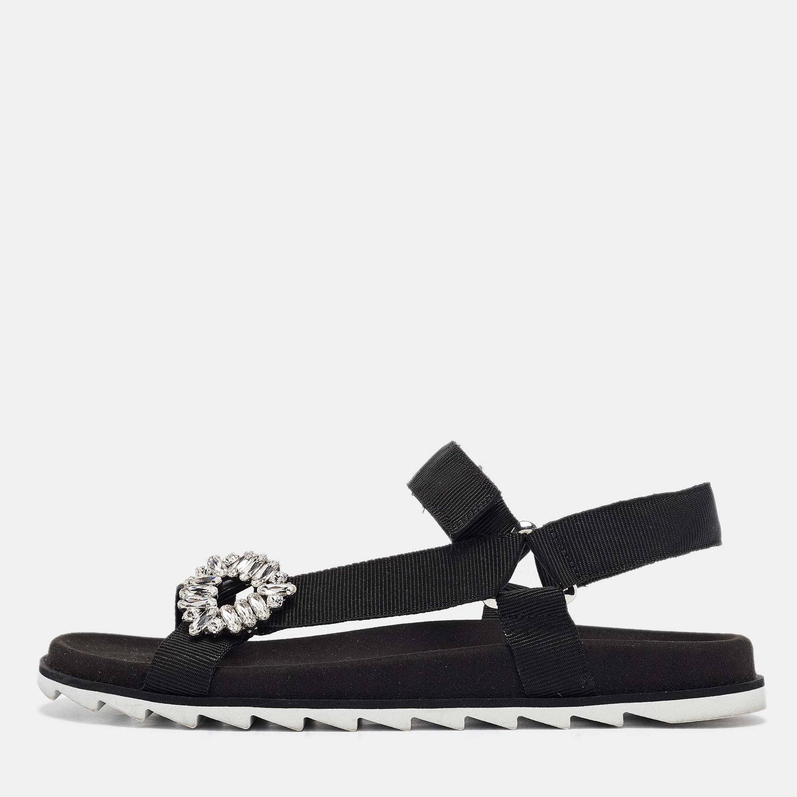 Roger Vivier Black Canvas Crystal Embellished Flat Sandals Size  41