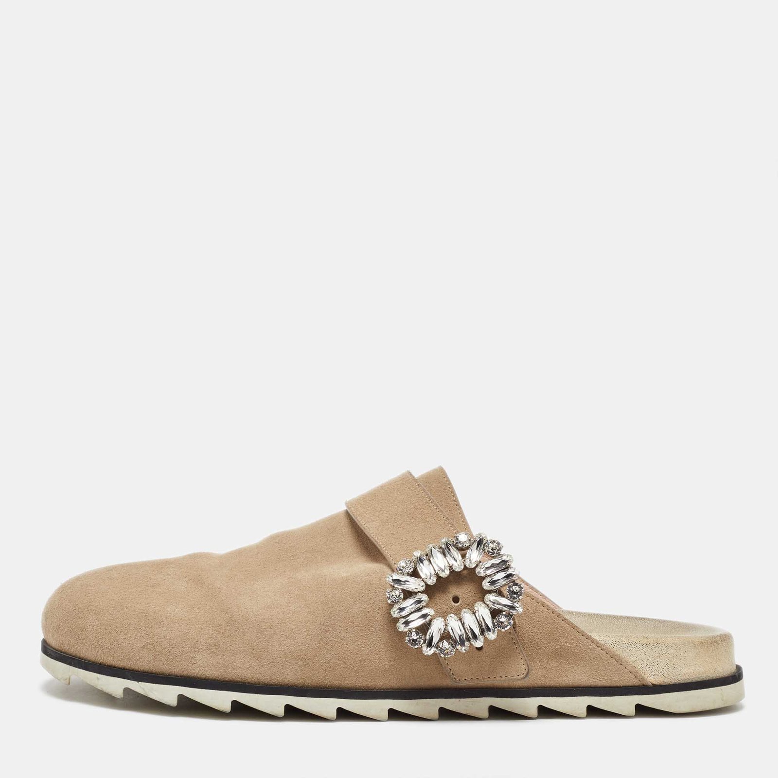 Roger Vivier Beige Suede Slidy Strass Buckle Mules Size 40