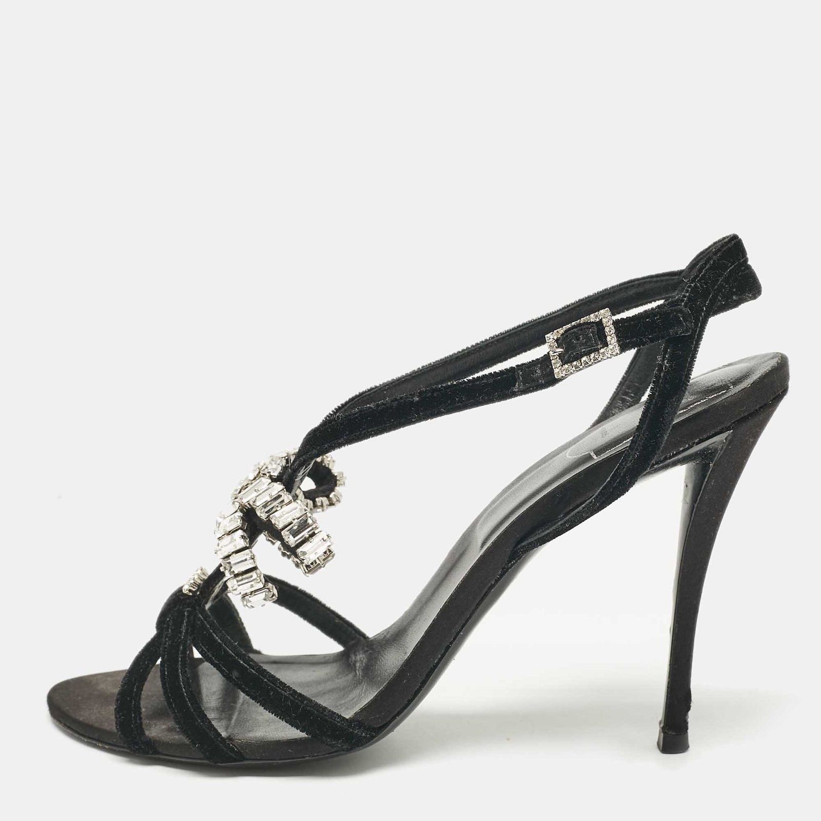 Roger Vivier Black Velvet Crystal Embellished Bow Slingback Sandals Size 40