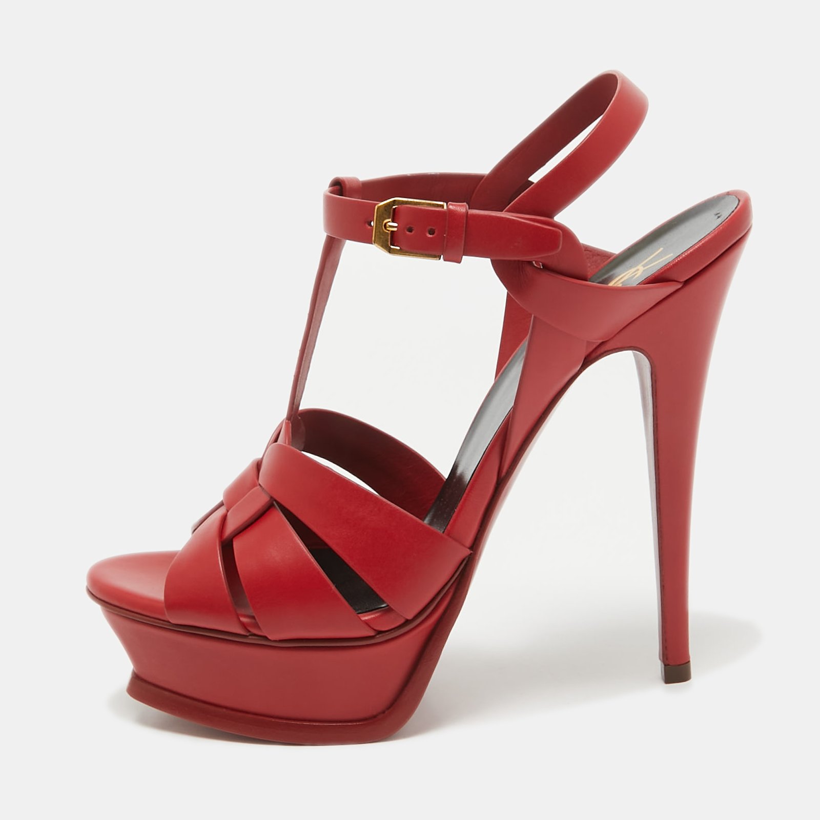 Saint Laurent Red Leather Tribute Platform Sandals Size 38.5