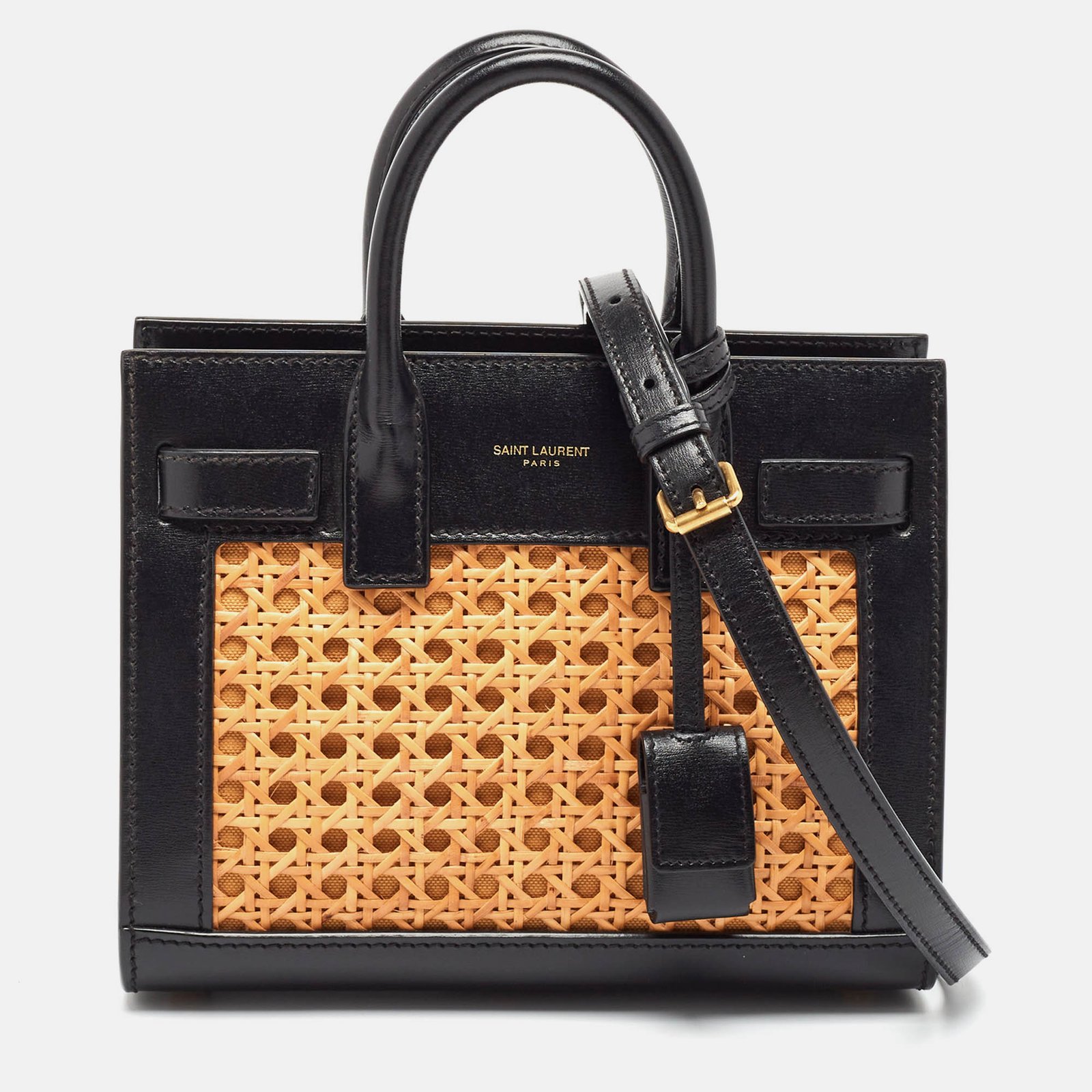 Saint Laurent Black/Beige Leather and Bamboo Woven Nano Sac De Jour Tote