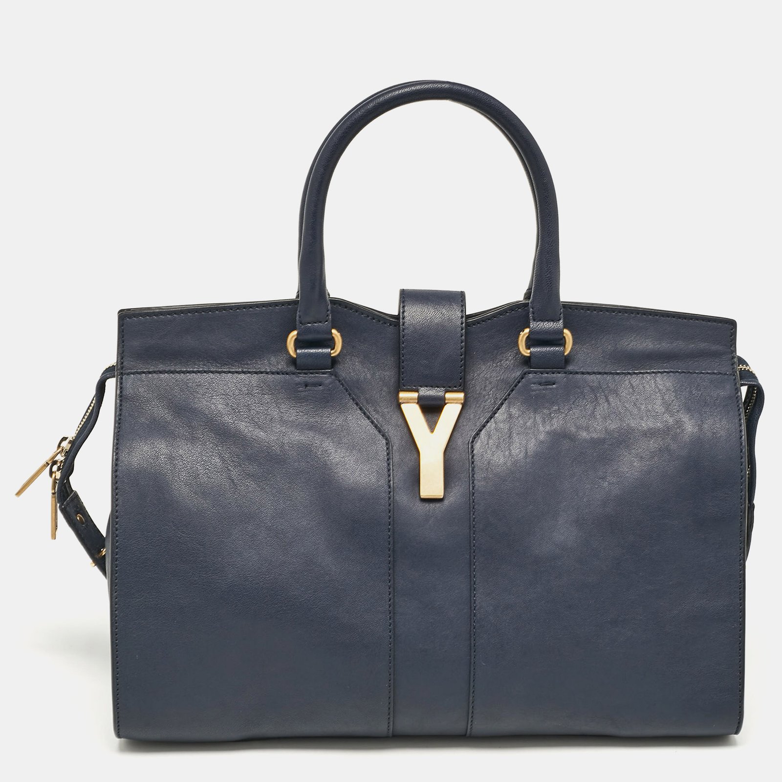 Saint Laurent Navy Blue Leather Medium Cabas Chyc Tote