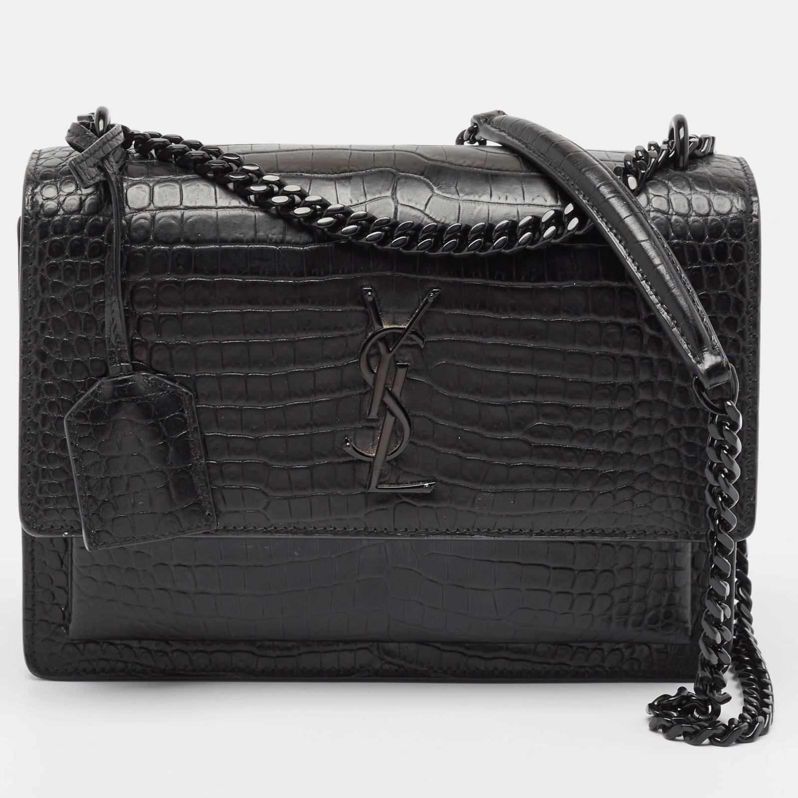 Saint Laurent Black Croc Embossed Leather Medium Sunset Bag