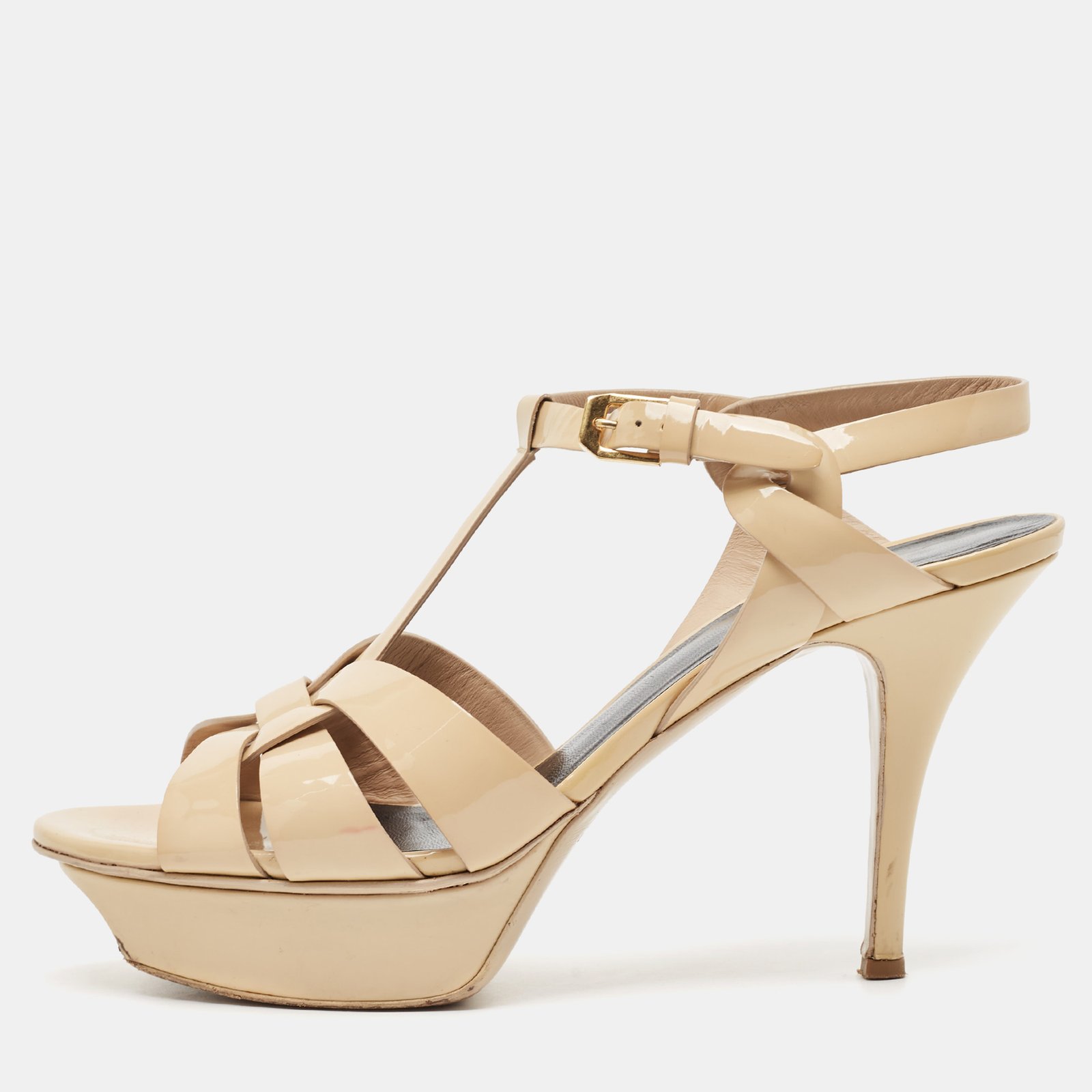 Saint Laurent Beige Patent Leather Tribute Platform Sandals Size 38.5