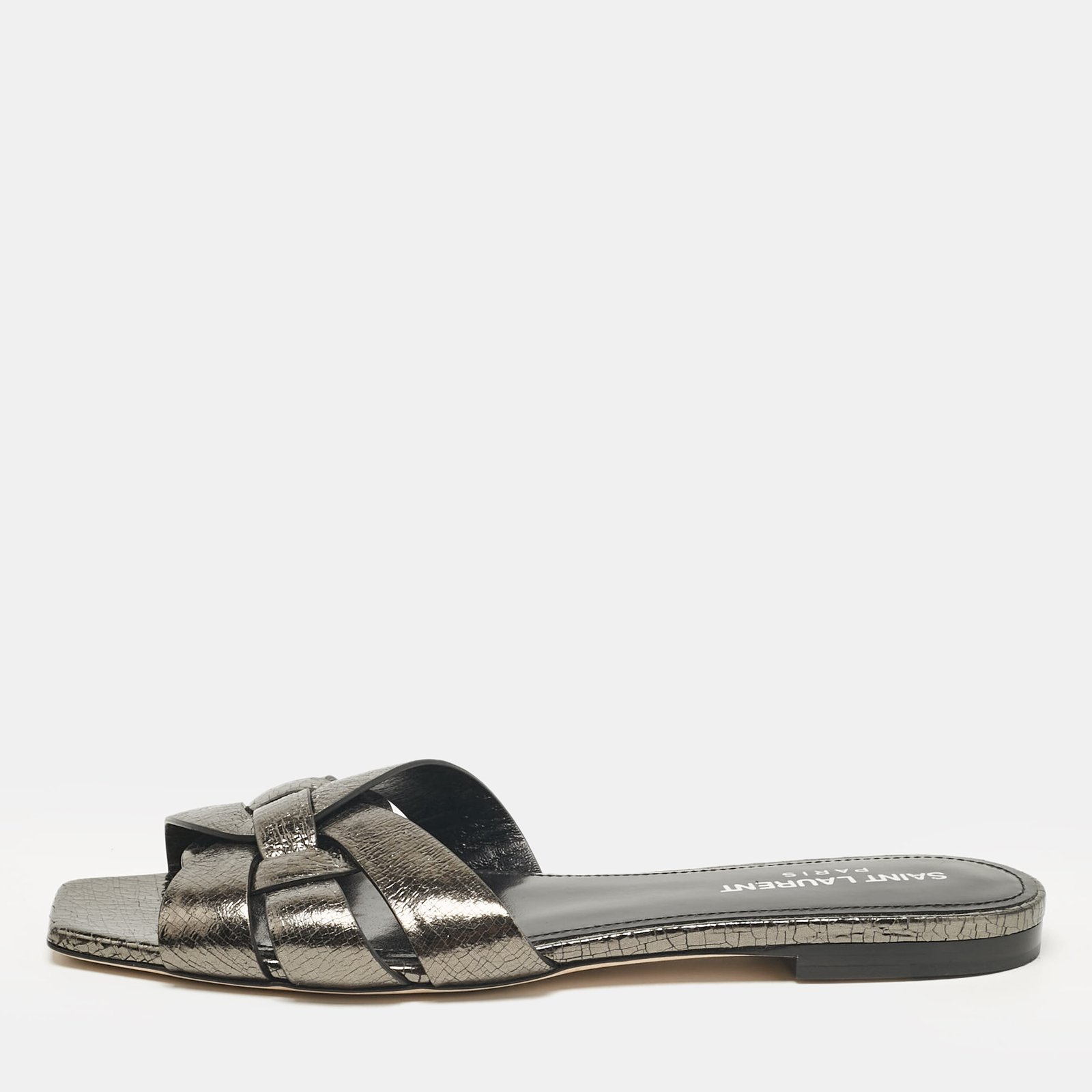 Saint Laurent Metallic Leather Tribute Flat Sandals Size 36.5
