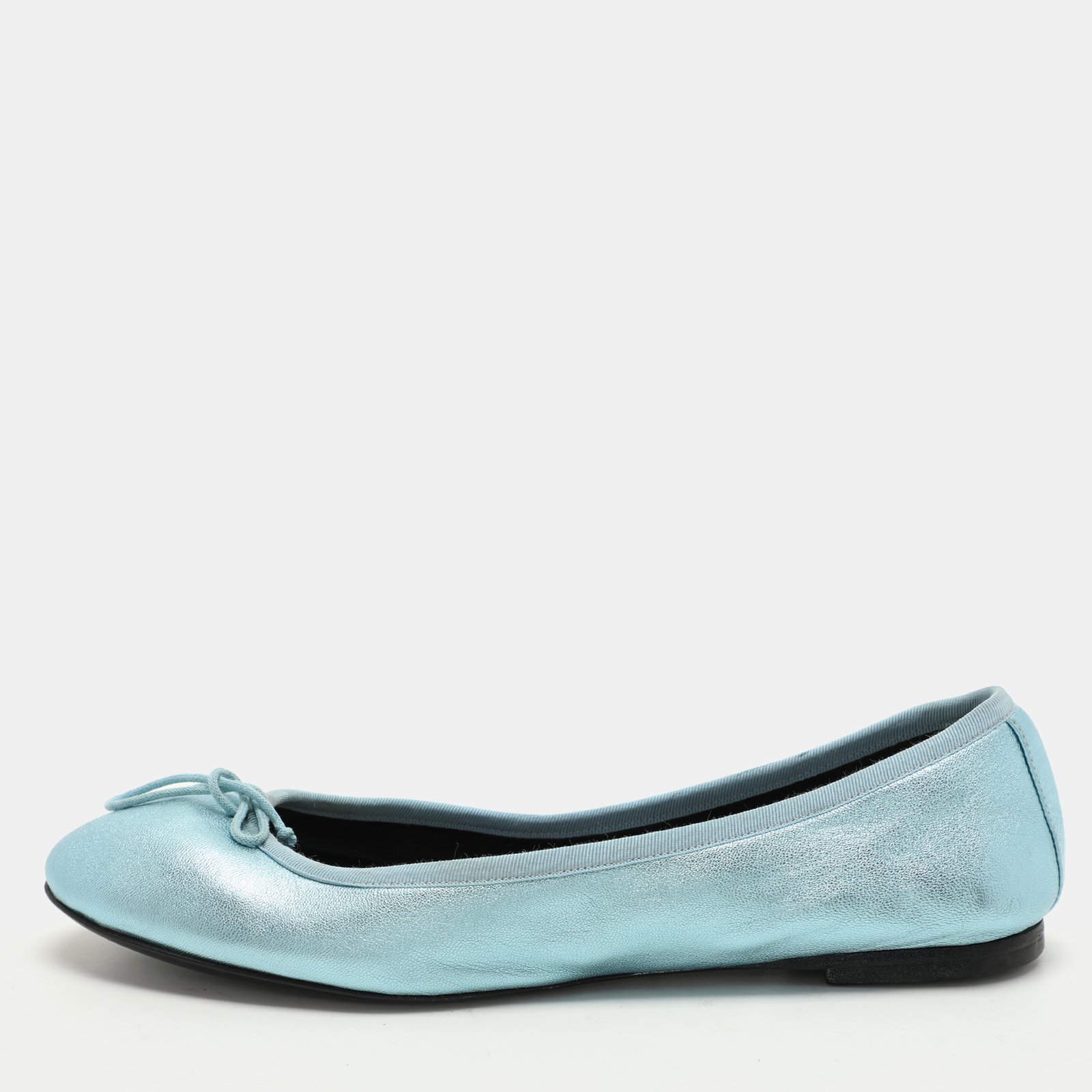 Saint Laurent Metallic Blue Leather Bow Ballet Flats Size 36