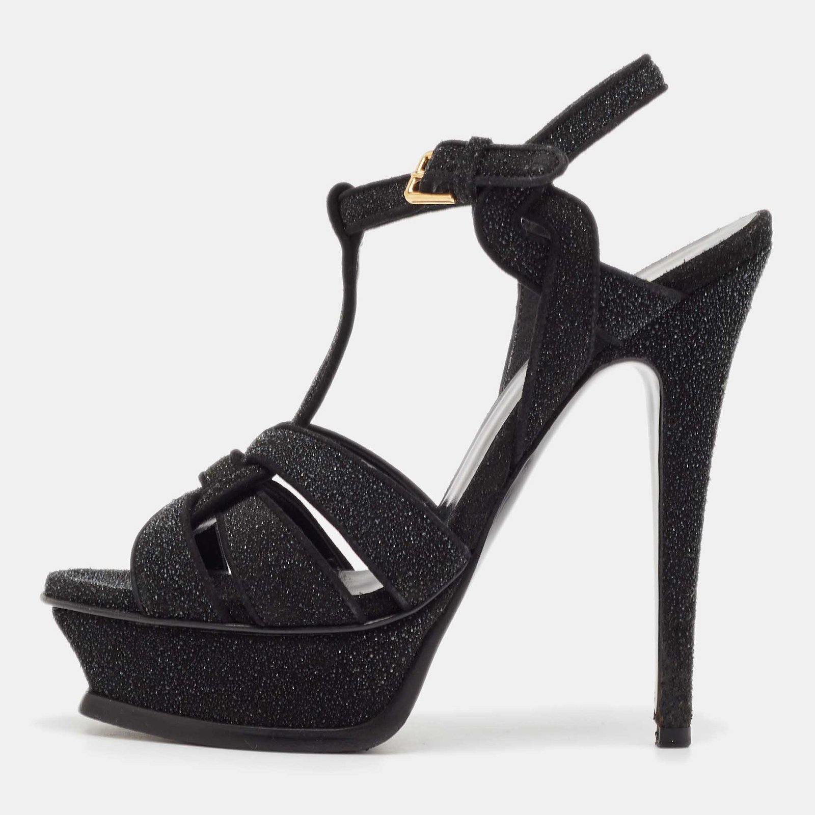 Saint Laurent Black Glitter Suede Tribute Sandals Size 35