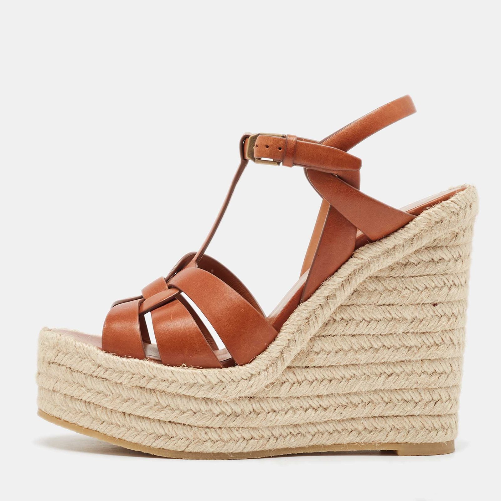Saint Laurent Tan Leather Tribute Wedge Espadrille Sandals Size 37