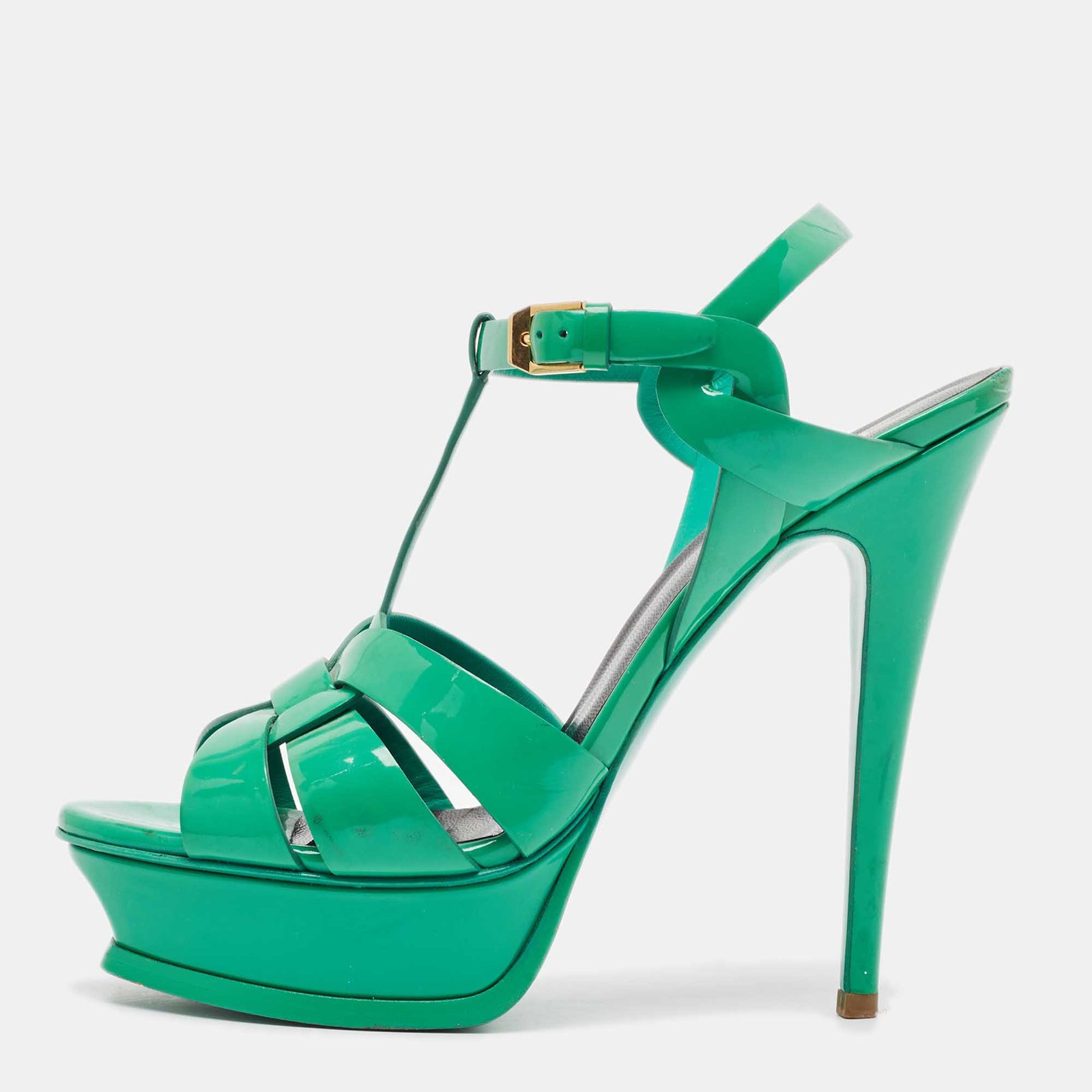 Saint Laurent Green Patent Tribute Platform Sandals Size 39