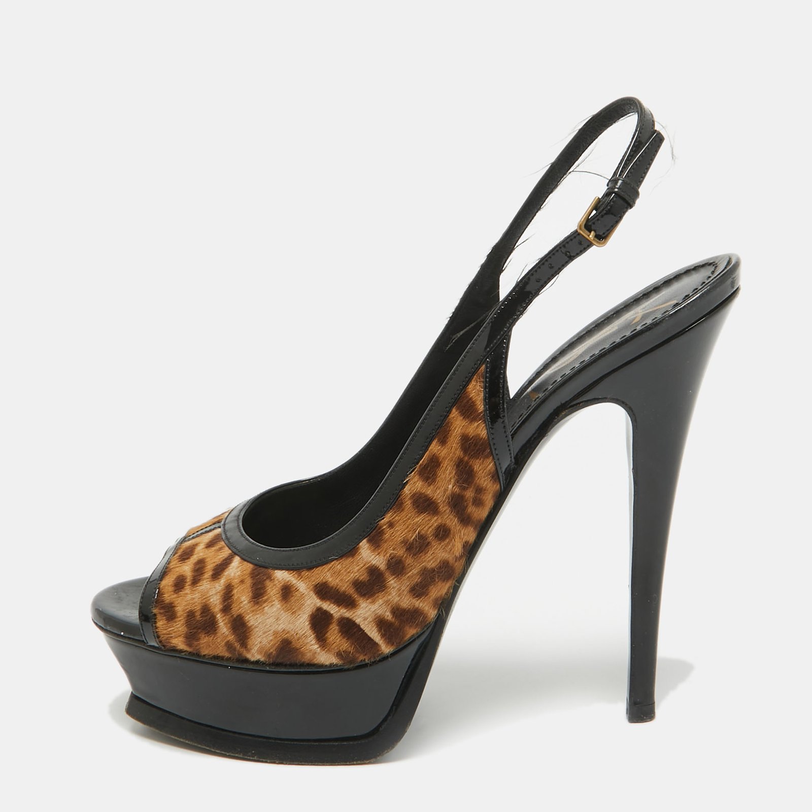Saint Laurent Black/Brown Calf Hair and Patent Leather Peep Toe Pumps Size 37.5