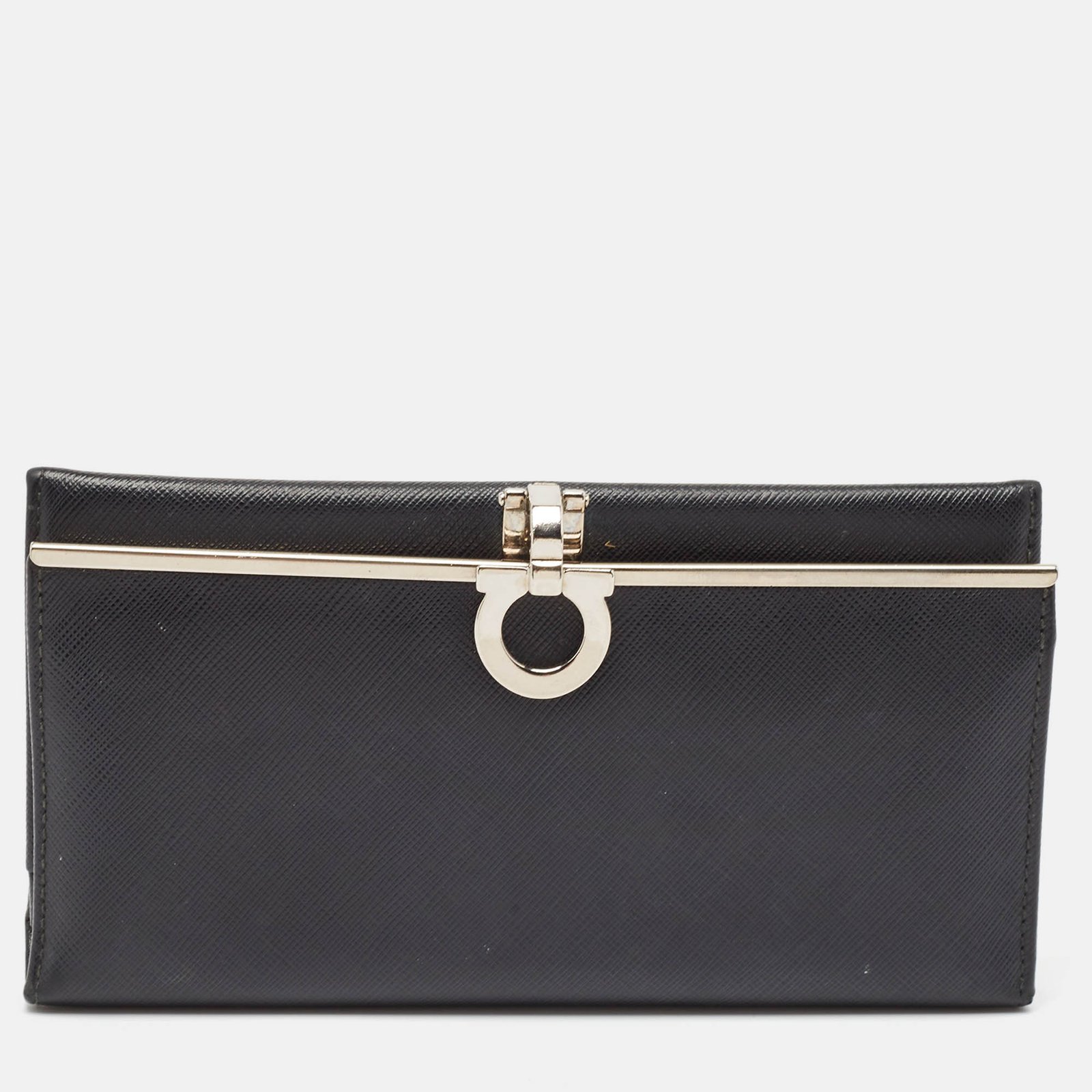 Salvatore Ferragamo Black Leather Gancini Clasp Continental Wallet