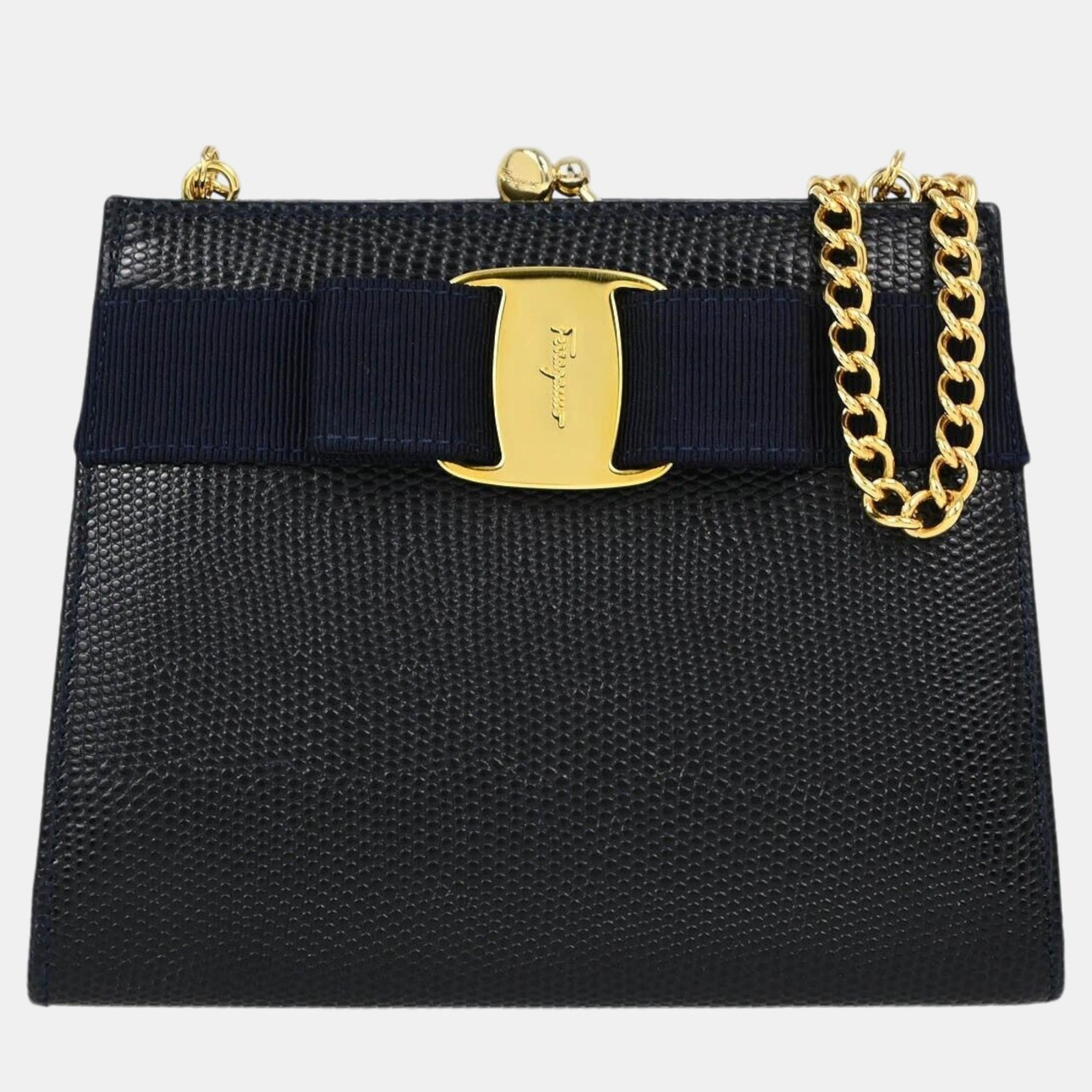 Salvatore Ferragamo Navy Vara Bow Chain Shoulder Bag