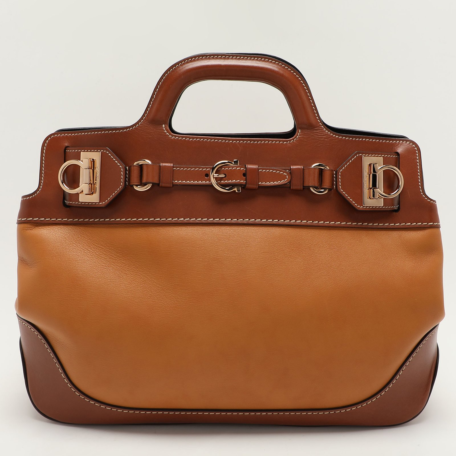 Salvatore Ferragamo Brown Two Tone Leather W Satchel