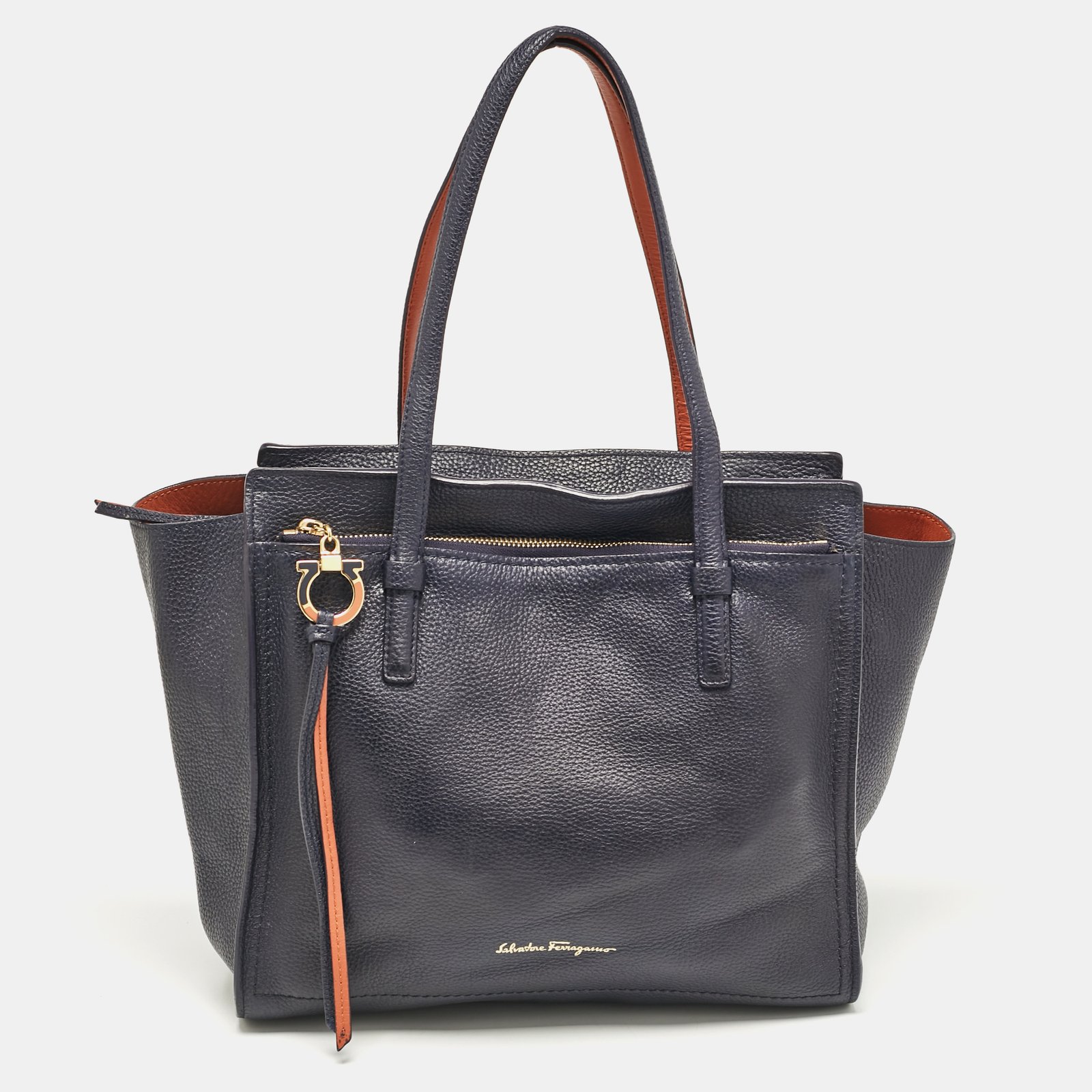 Salvatore Ferragamo Navy Blue Leather Medium Amy Tote