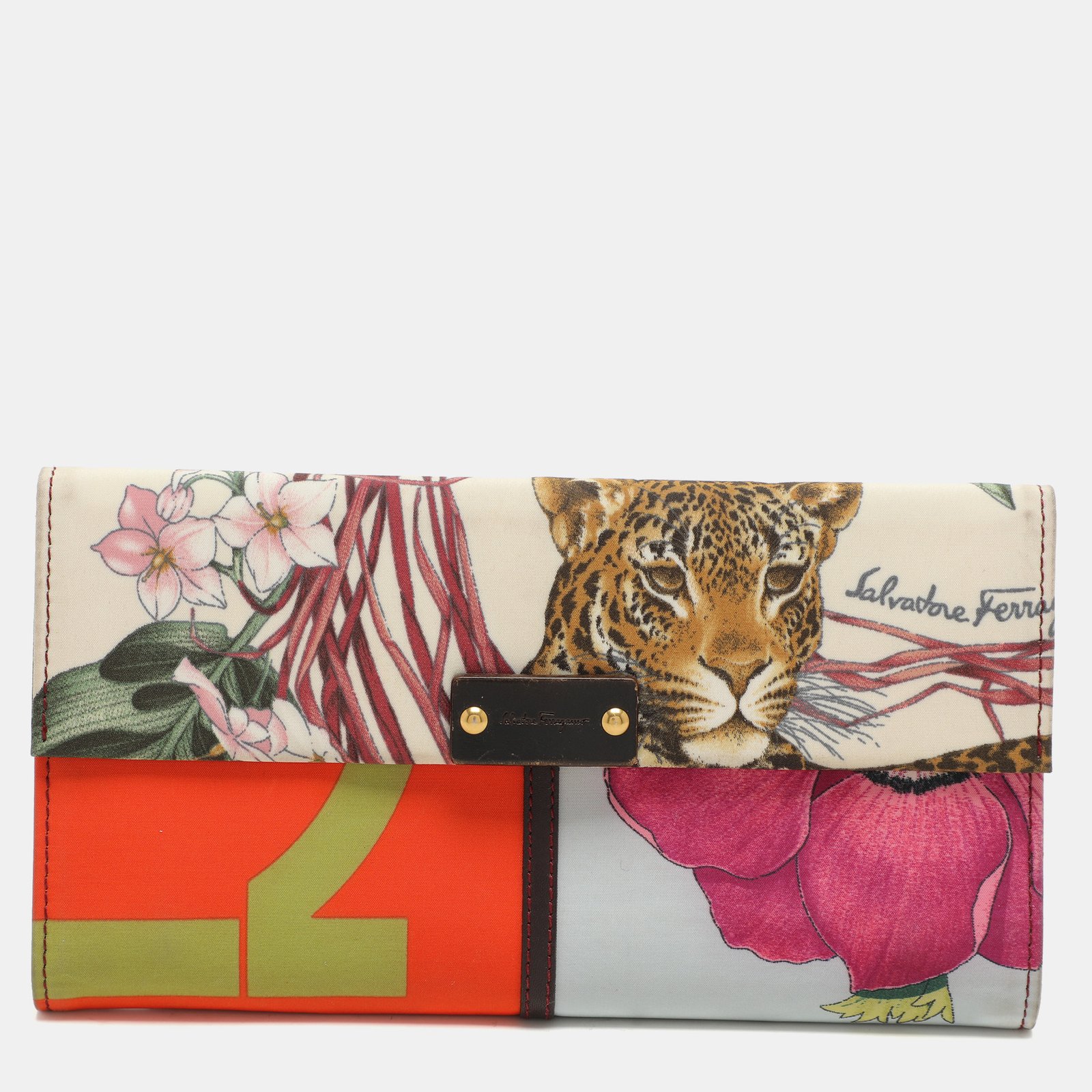 Salvatore Ferragamo Multicolor Jungle Print Fabric Flap Continental Wallet