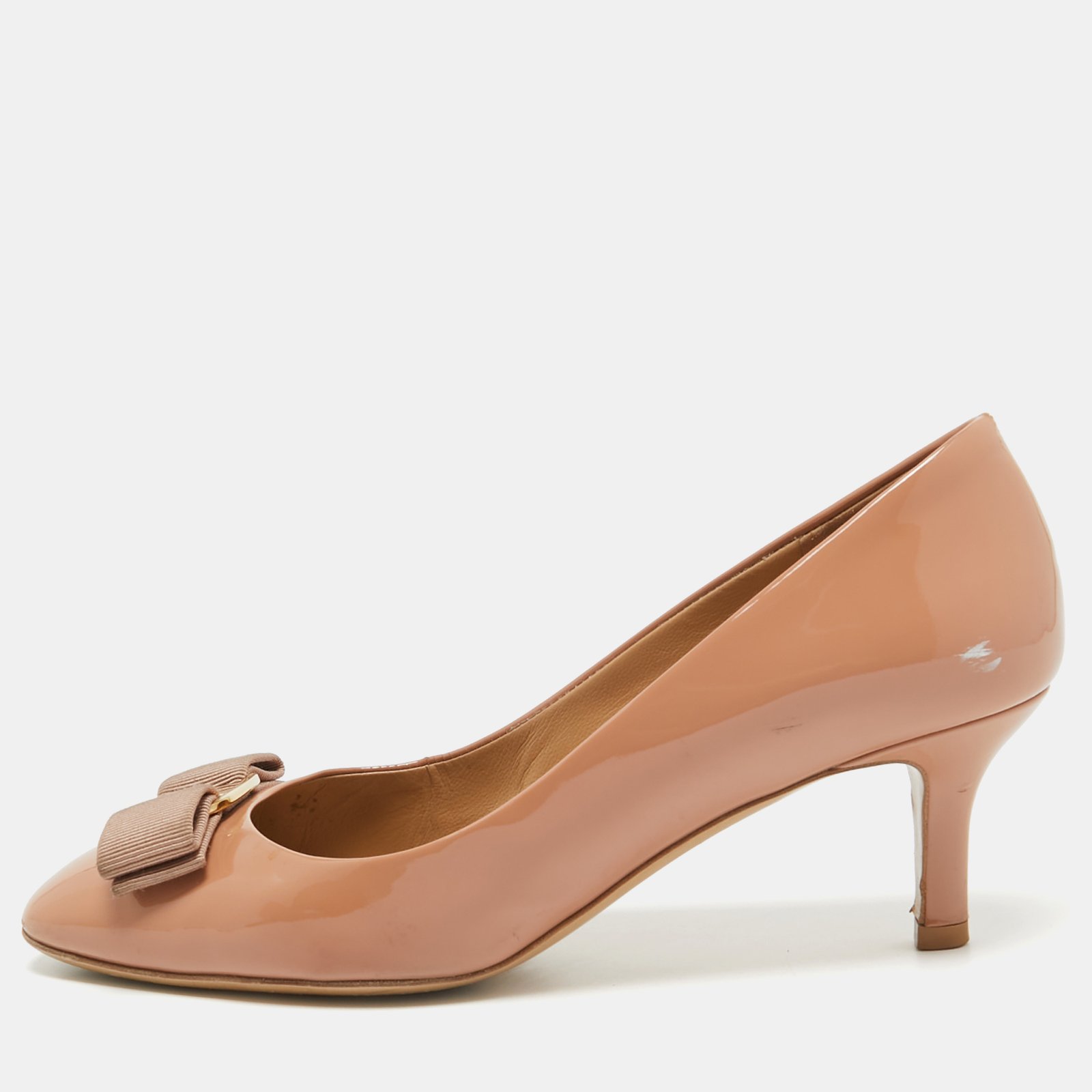Salvatore Ferragamo Pink Patent Leather Vara Bow Pumps Size 36.5