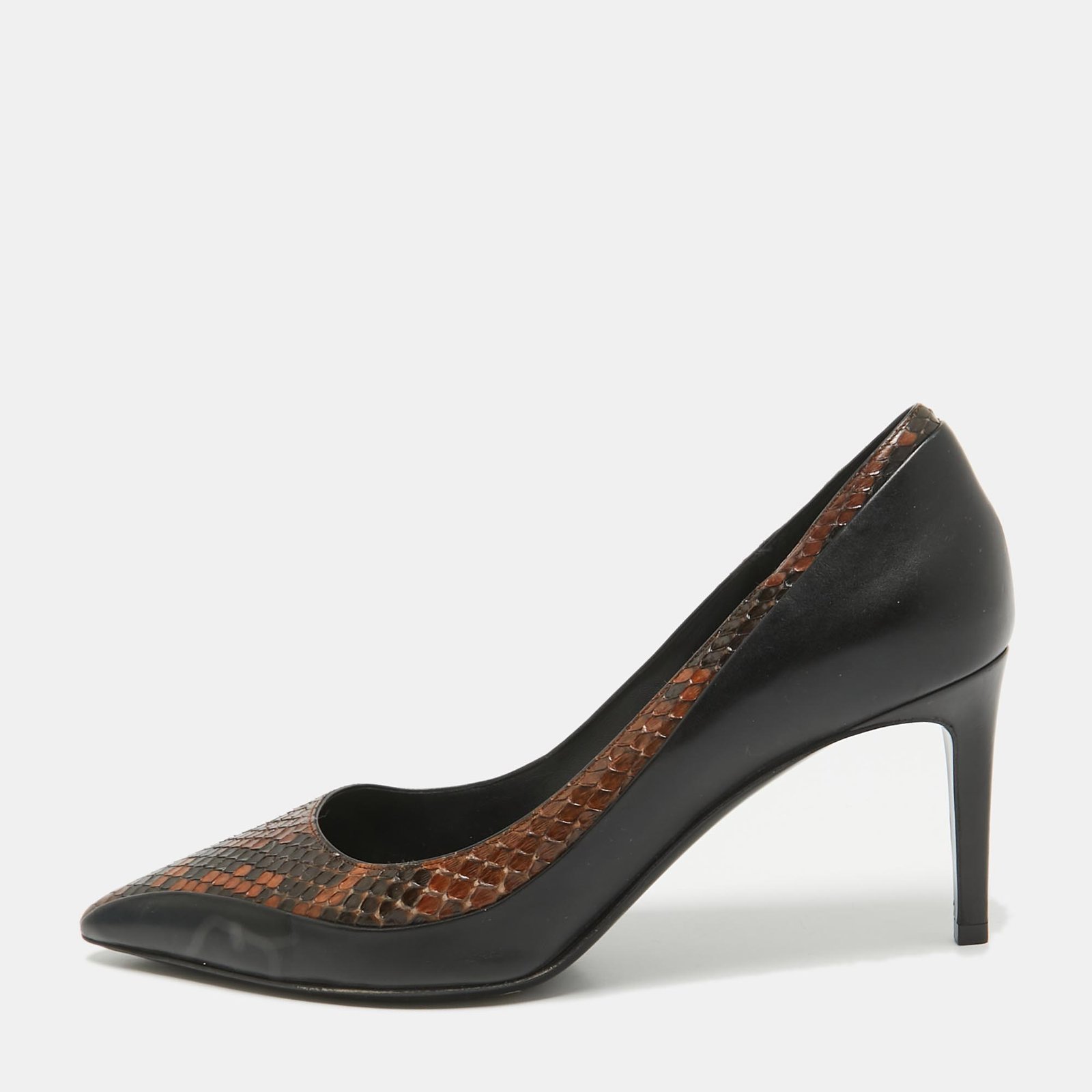 Salvatore Ferragamo Black Leather and Python Leather Pointed Toe Pumps Size 39.5