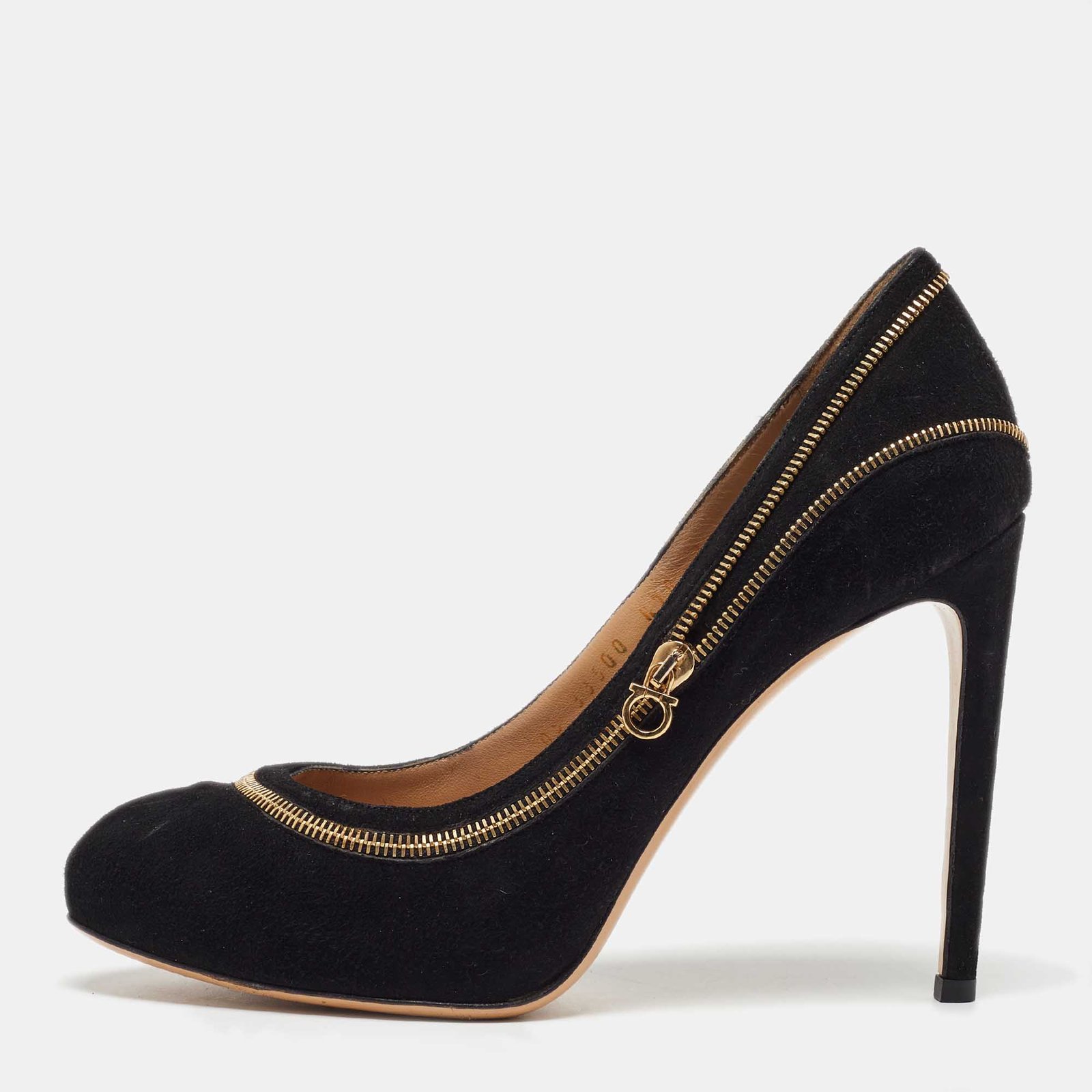 Salvatore Ferragamo Black Suede Rory Zipper Pumps Size 37.5