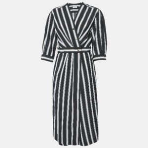 Sandro Black/White Stripe Print Viscose Wrap Midi Dress L