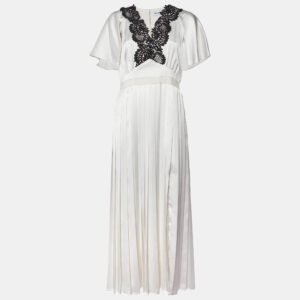 Self-Portrait White Lace Trim Satin Pleated Maxi Dress M