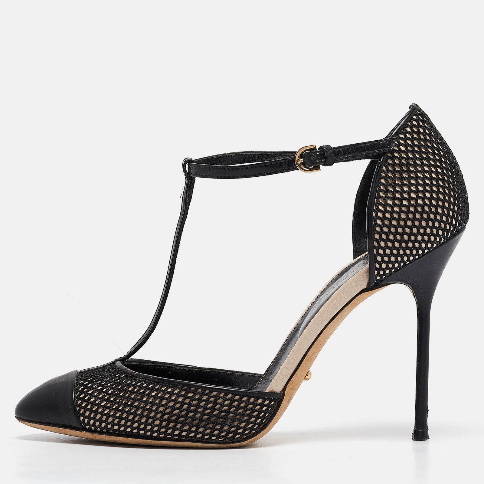 Sergio Rossi Black Mesh and Leather Mary Jane Pumps Size 36.5