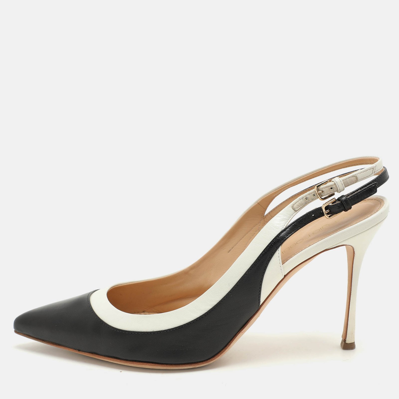 Sergio Rossi Black/White Leather Slingback Pumps Size 39.5