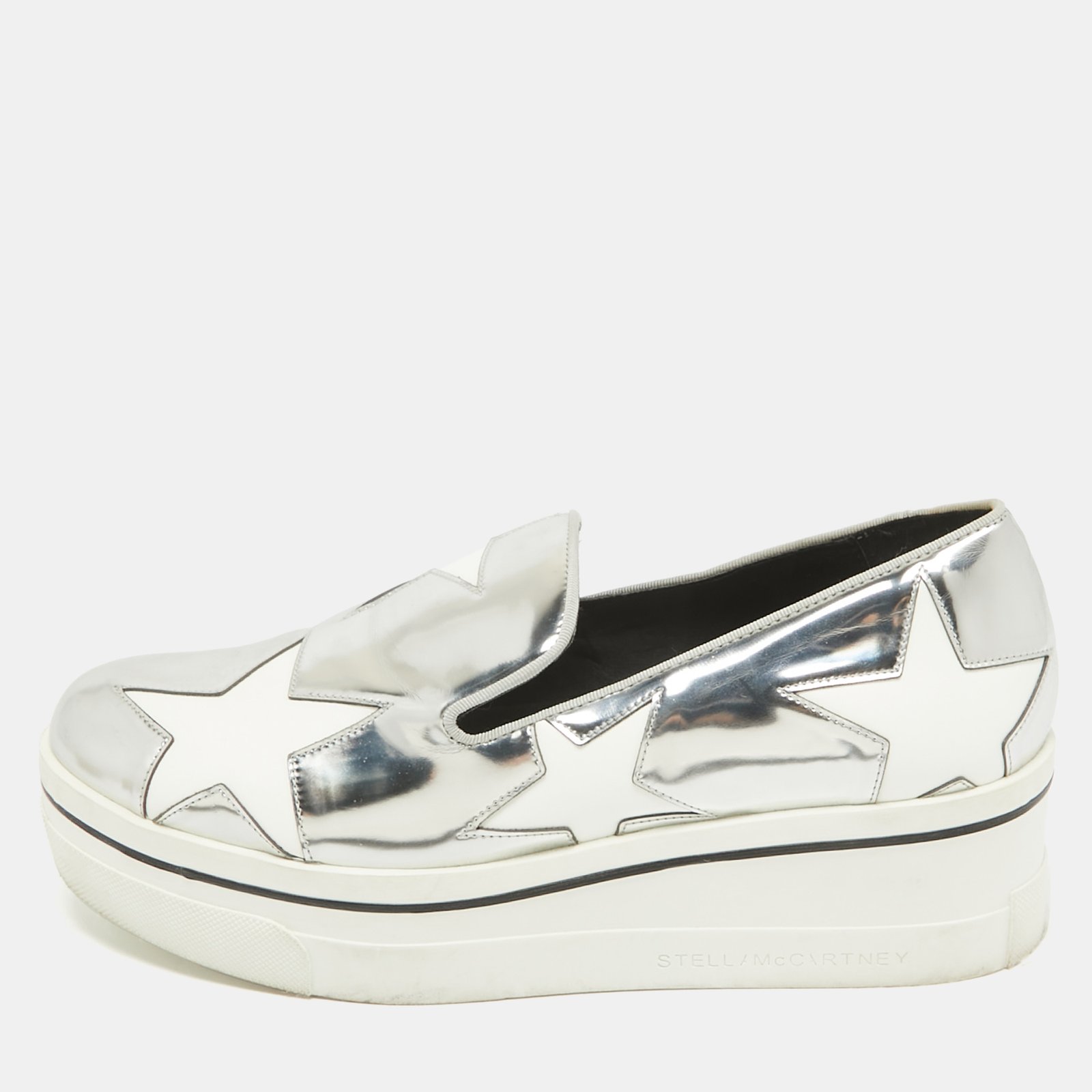 Stella McCartney Silver Faux Leather Binx Star Slip On Sneakers Size 37