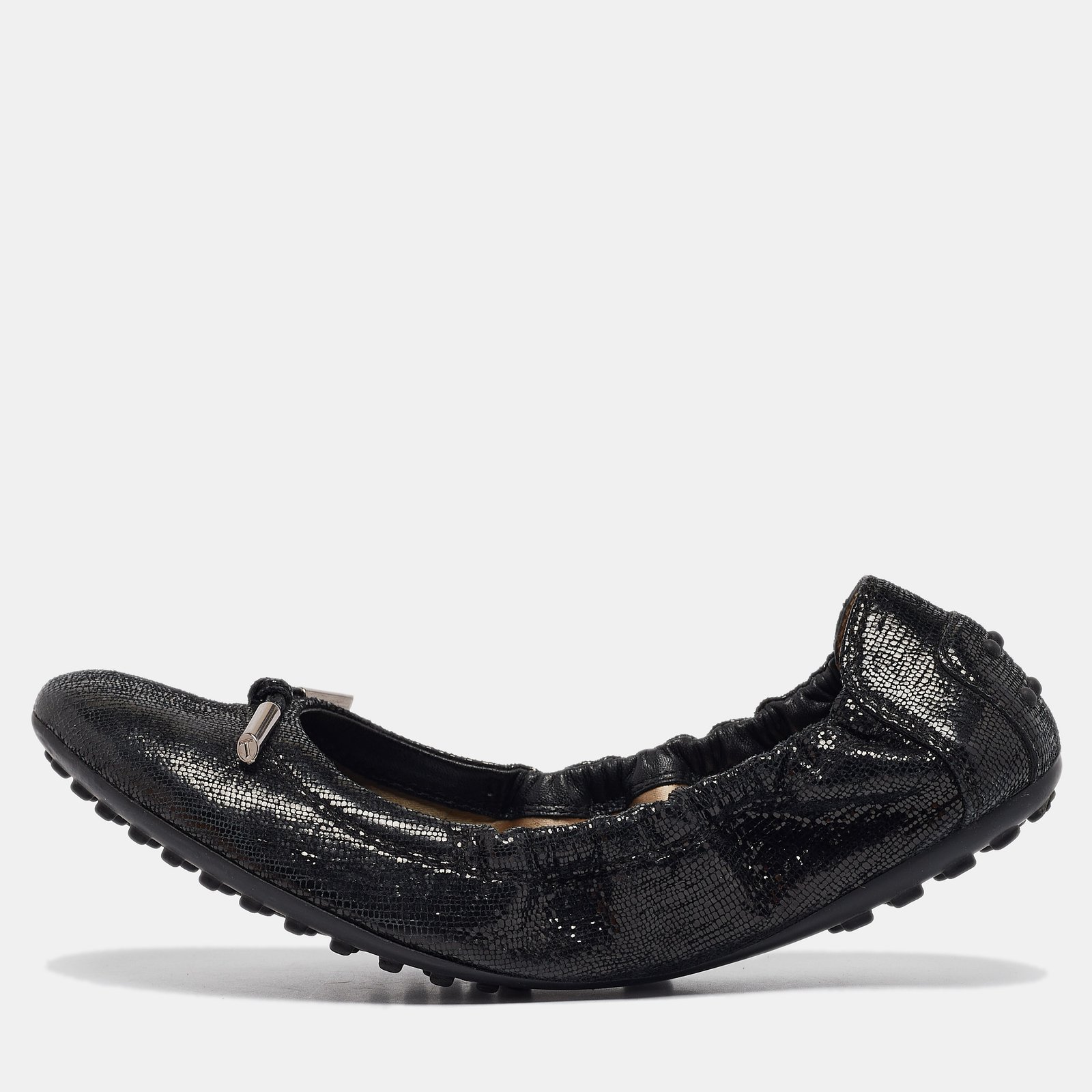 Tod's Metallic Black Textured Suede Scrunch Ballet Flats Size 37.5