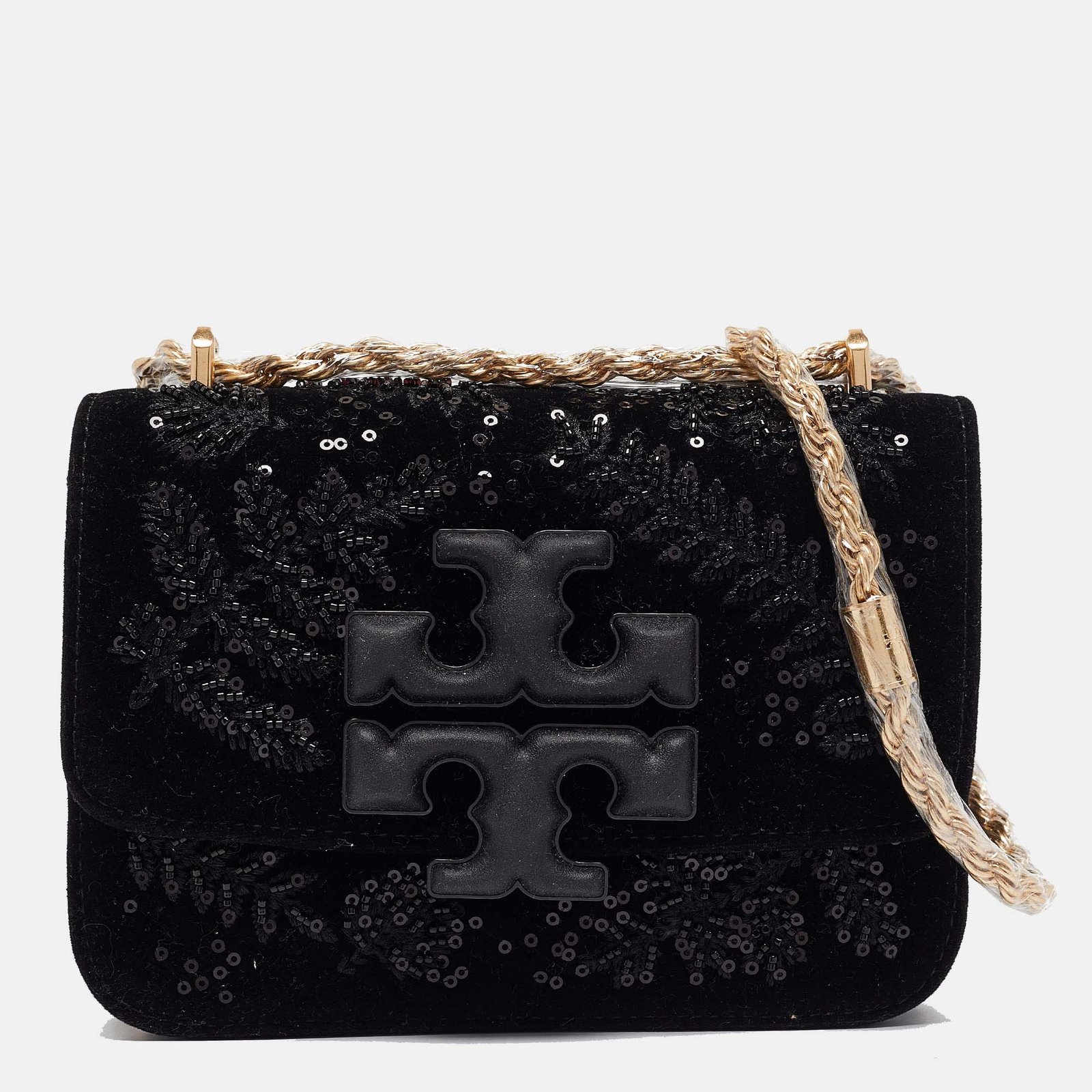 Tory Burch Black Velvet Embroidered Eleanor Crossbody Bag